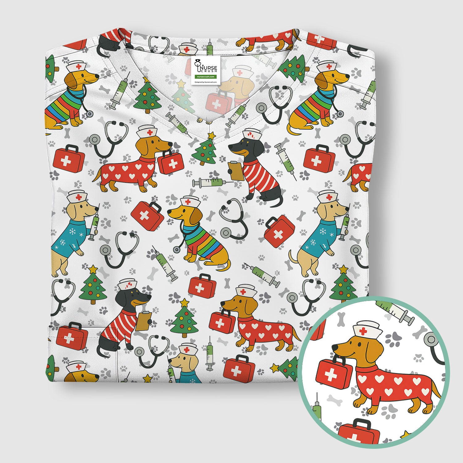 Funny Dachshund Scrub Shirt - Christmas Dog Print Scrubs Multi Color - Holiday Nurse Scrub Top Gift for Women, Men, CNA, RN, Medical Staff