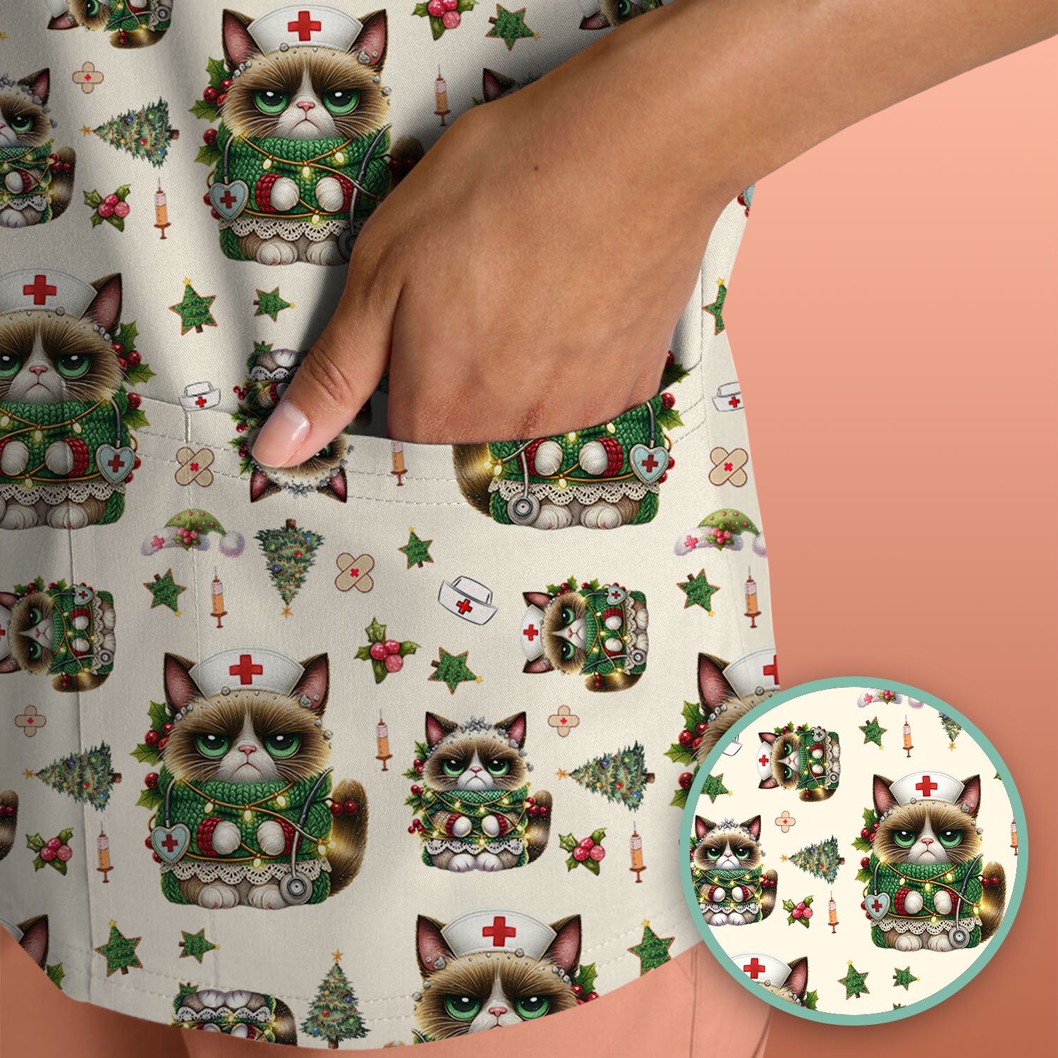 Christmas Nurse Scrub Top - Funny Cat Nursing Shirt - Cute Holiday Medical Uniform for Women RN LPN CNA