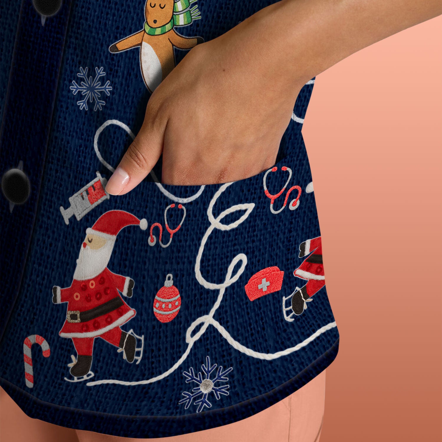 Christmas Reindeer Santa Nurse Scrub Top, Cute Holiday Medical Uniform Shirt for Women