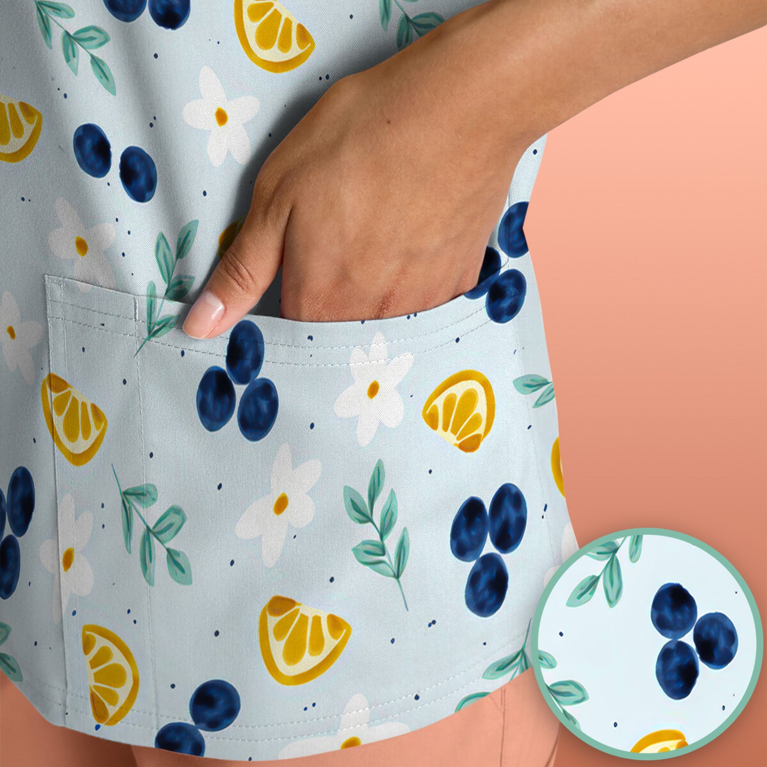 Blueberry Lemon Daisy Pattern Scrubs Top, Comfortable Scrubs for Nurses