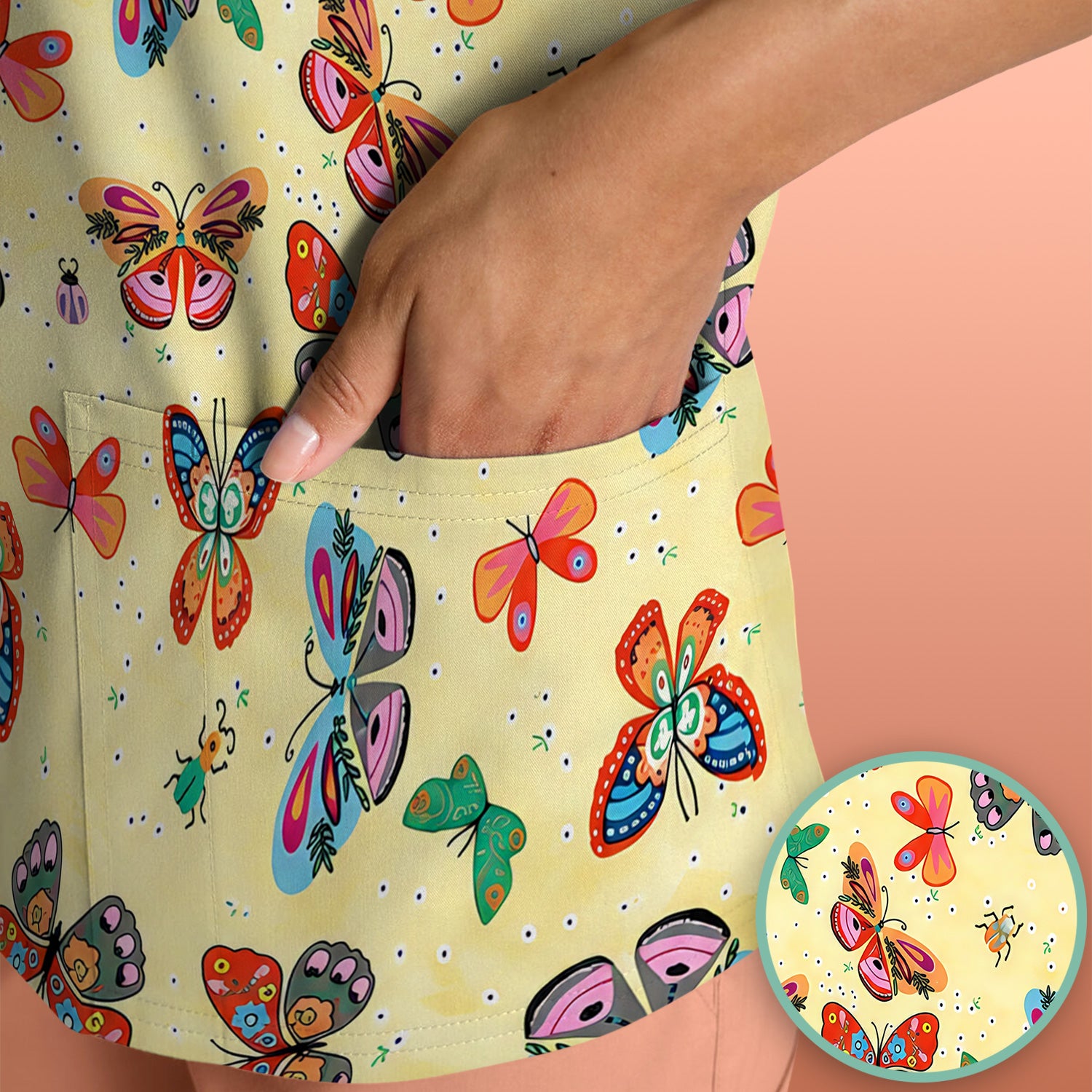 Colorful Butterfly Garden Pattern Scrub Top, Breathable Fabrics Nursing Uniform