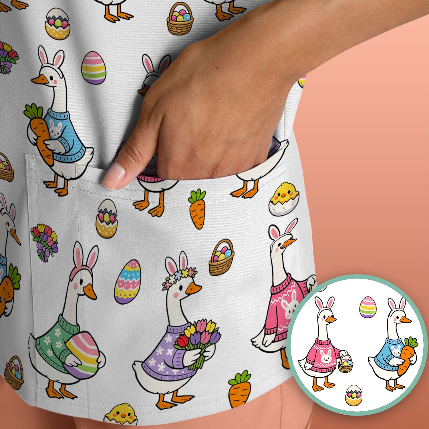 Cute Easter Goose Pattern Scrub Top, Breathable Fabrics Nursing Uniform