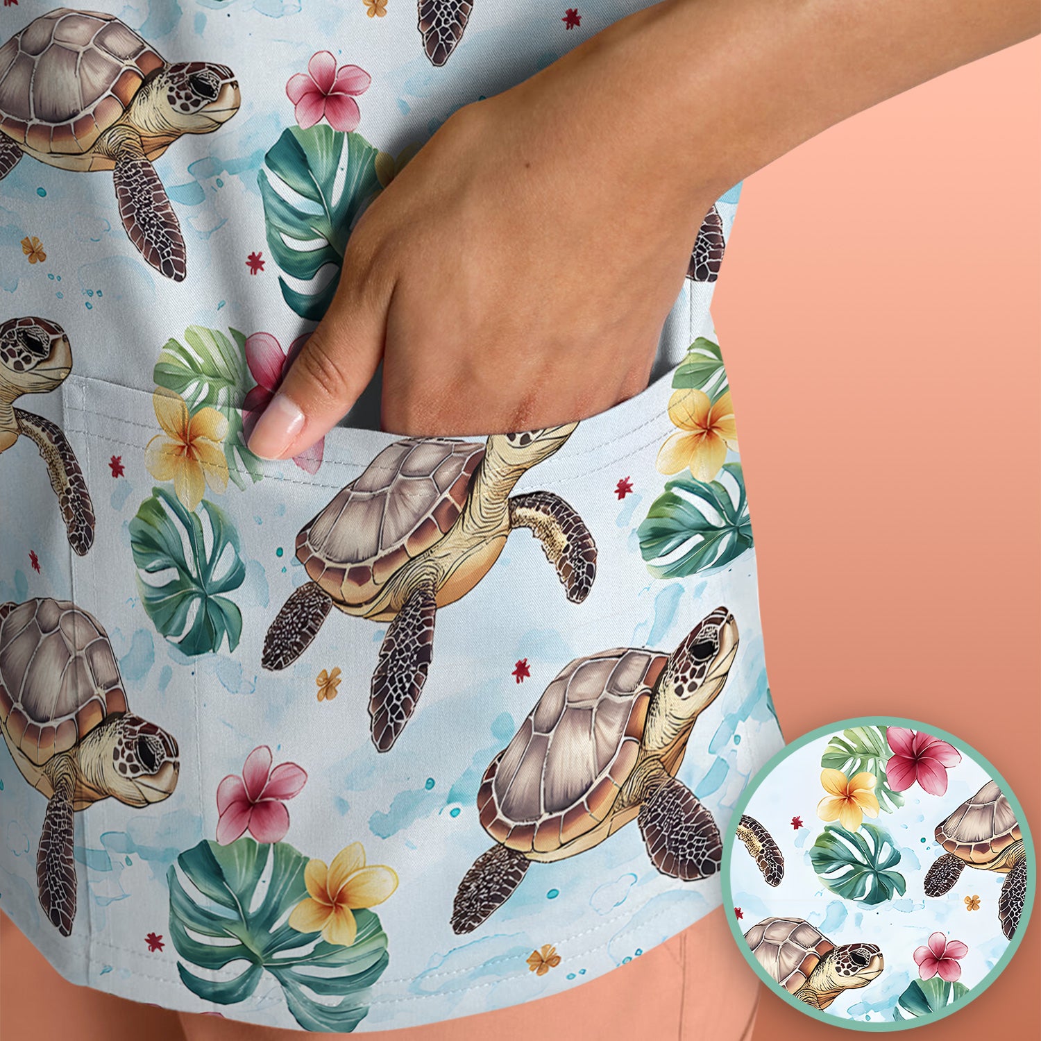 Sea Turtle Tropical Floral Pattern Scrub Top, Comfortable Scrubs for Nurses