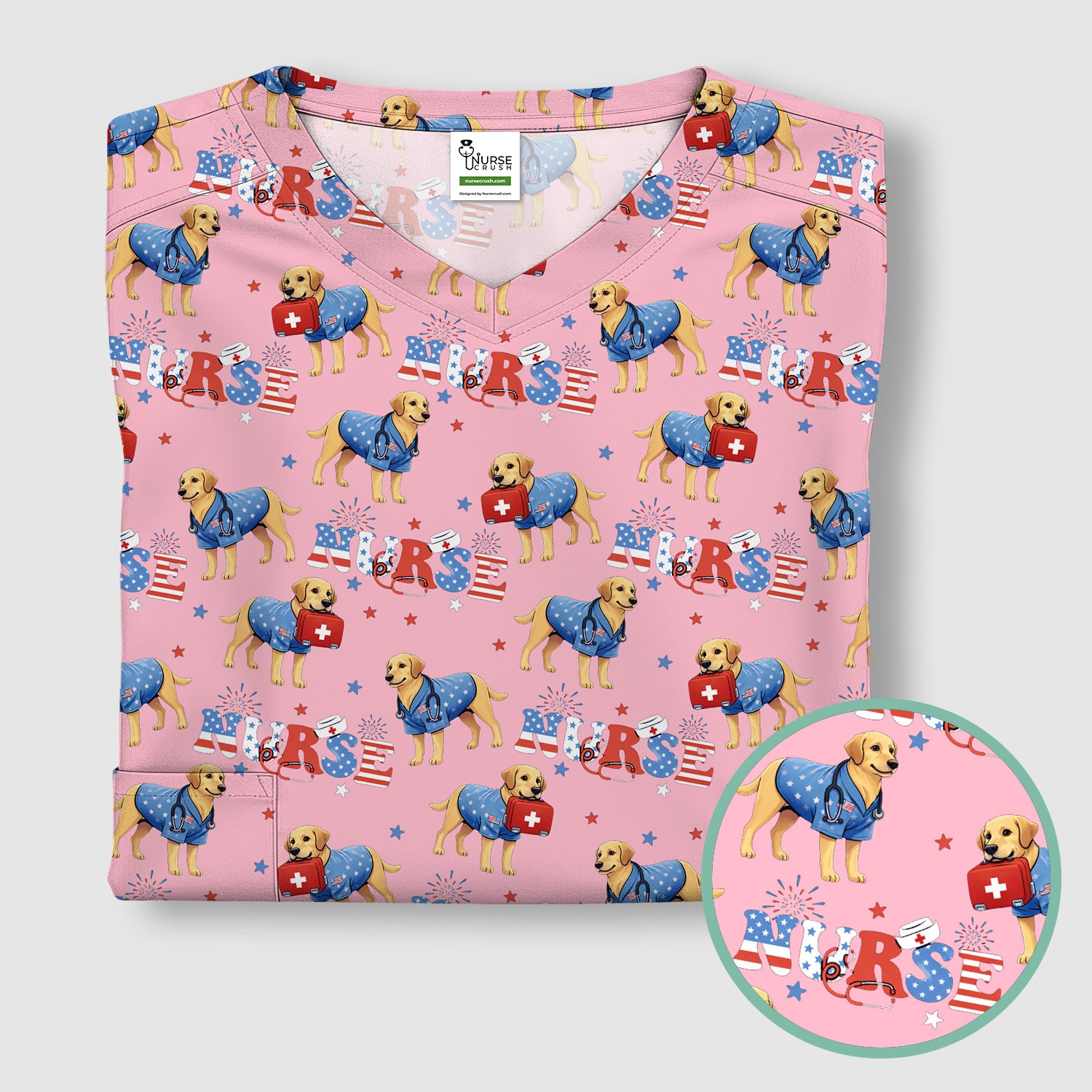 Patriotic Nurse Dog Medical Pattern Scrub Top, Breathable Fabrics Nursing Uniform