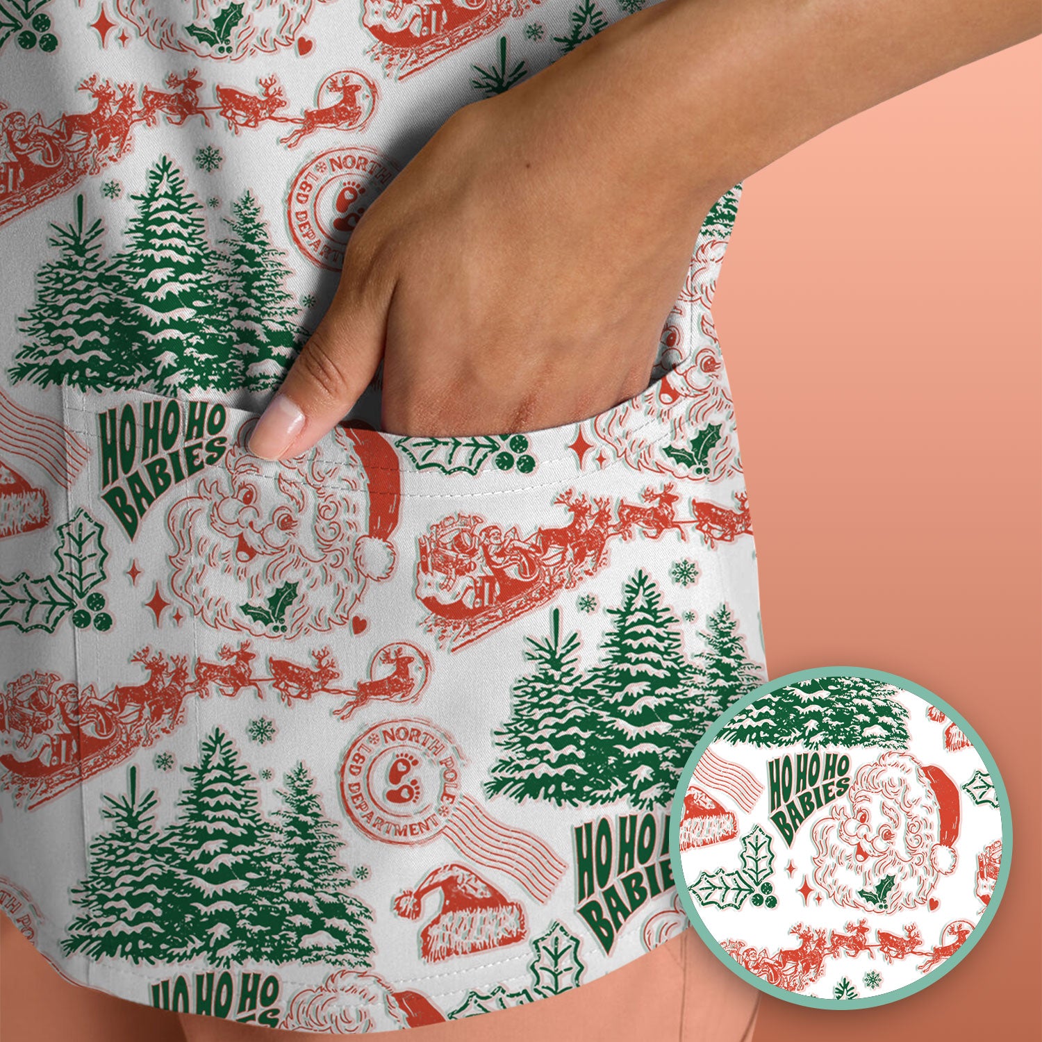 Christmas Santa Scrub Top, Vintage Holiday Nurse Shirt, Festive Medical Uniform For Nursing