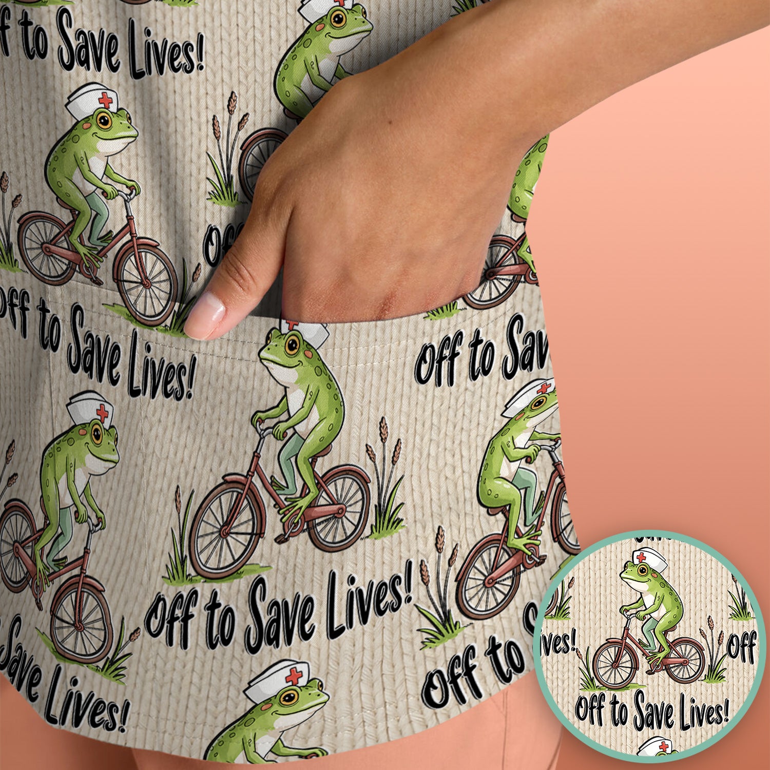 Nurse Frog Riding Bicycle Pattern Scrub Top, Breathable Fabrics Nursing Uniform Scrub Top, Comfortable Scrubs for Nurses