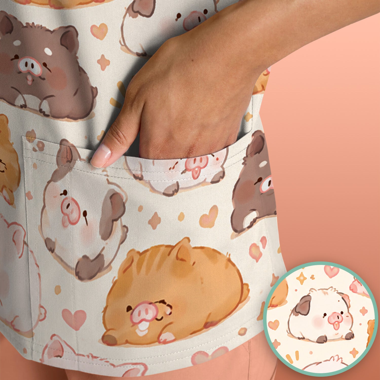 Cute Chubby Pig Nurse Print Scrub Top, Comfortable Scrubs for Nurses