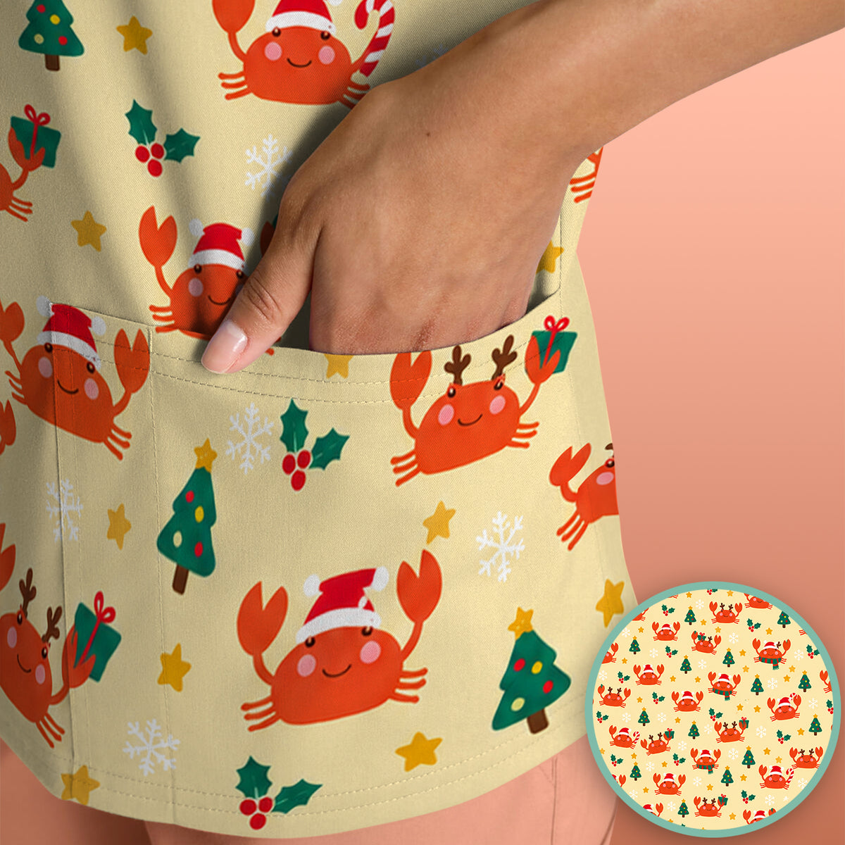 Christmas Crabs And Trees Pattern Scrub Top, Comfortable Scrubs for Nurses