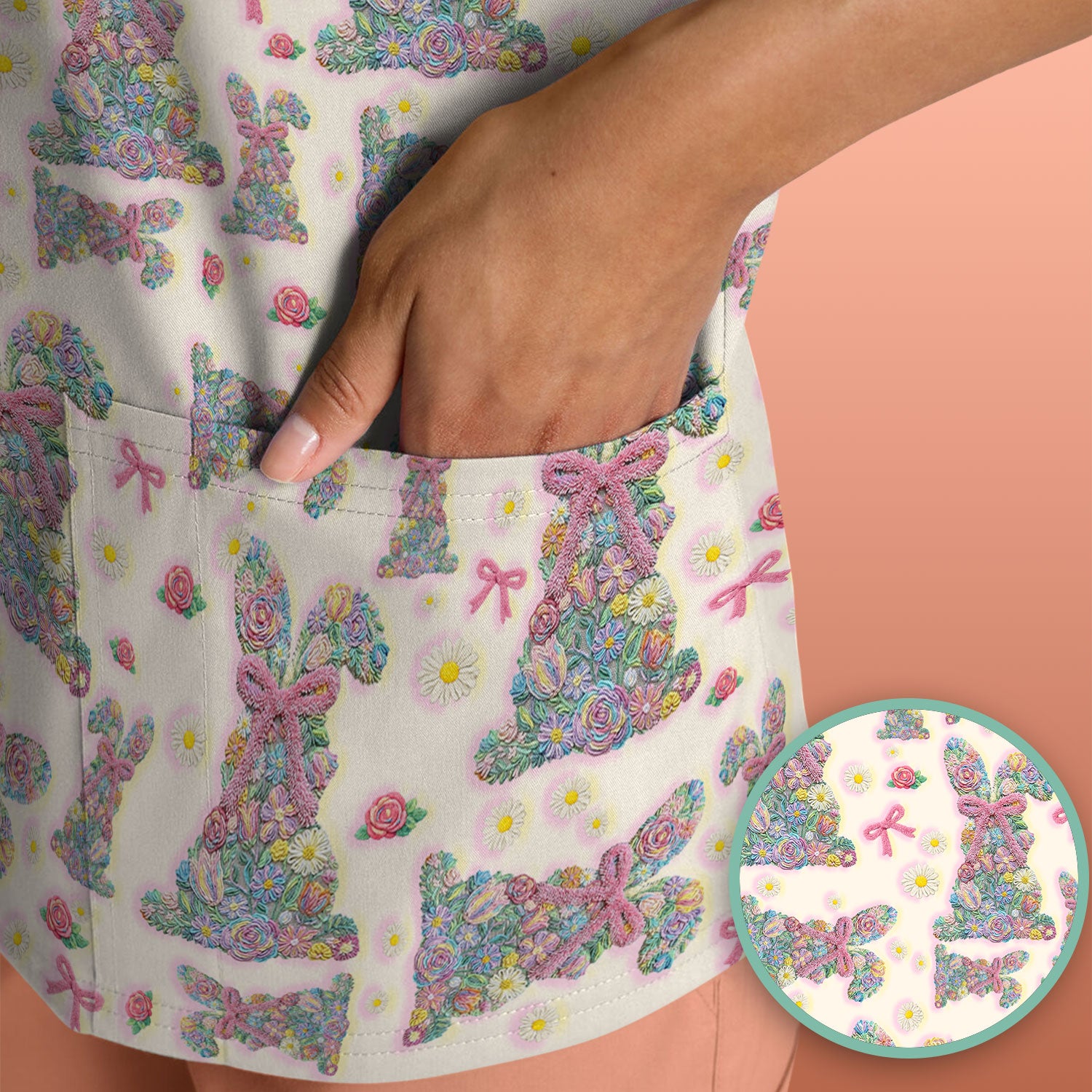 Colorful Floral Bunny with Pink Bow Pattern Scrub Top, Breathable Fabrics Nursing Uniform, Easter