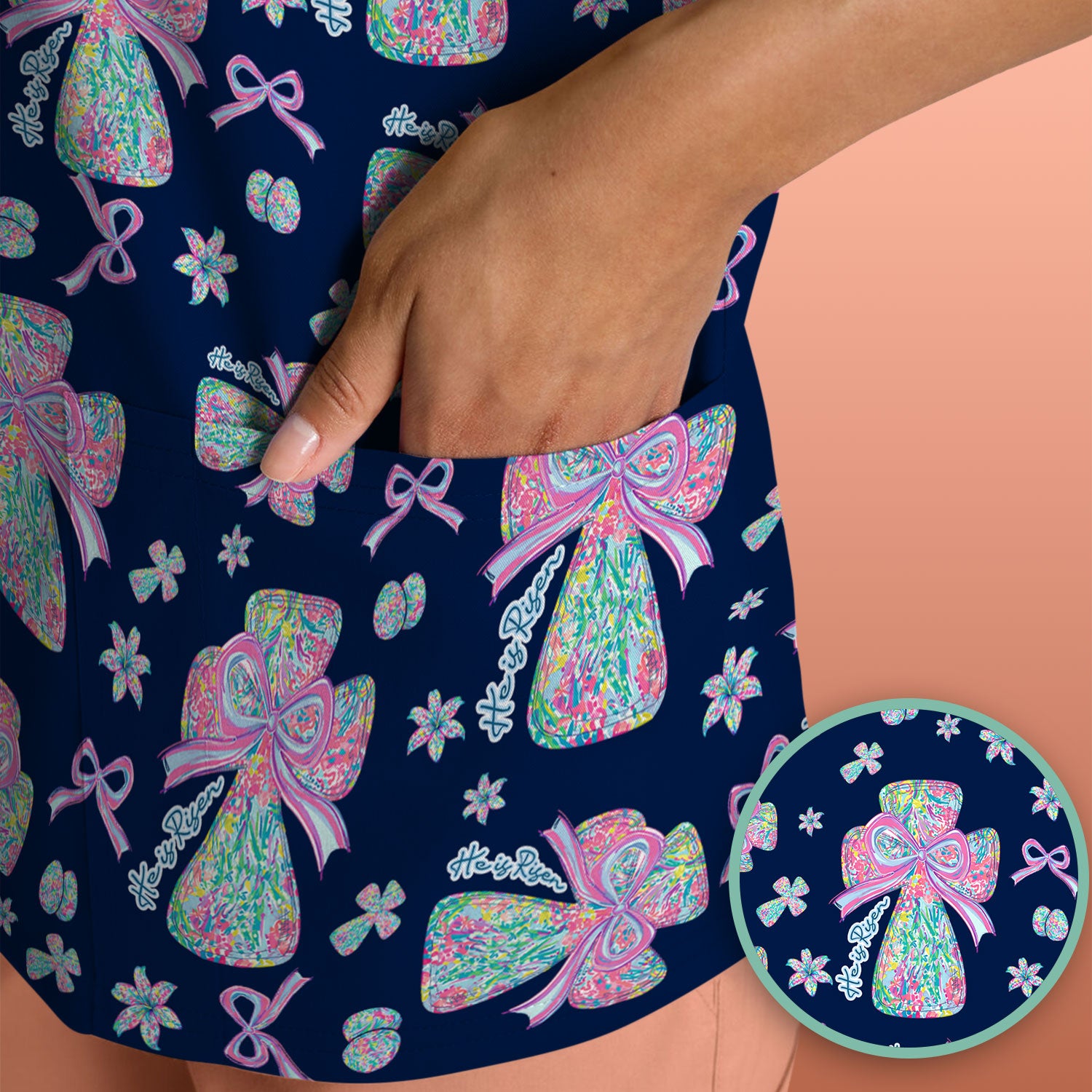 Colorful Bow Pattern Scrub Top, Breathable Fabrics Nursing Uniform