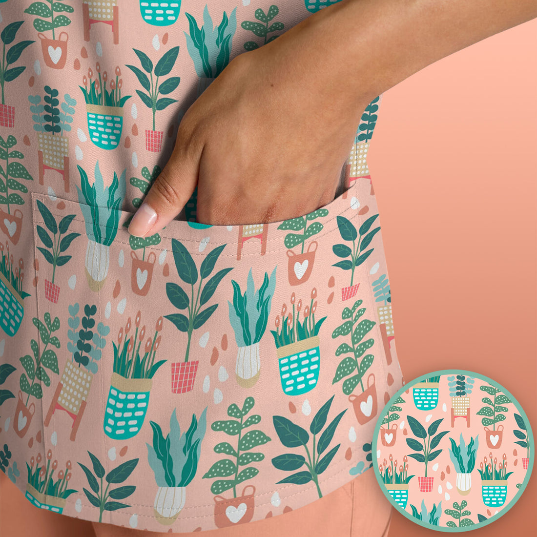 Potted Houseplant Leaves Pattern Scrub Top, Comfortable Scrubs for Nurses