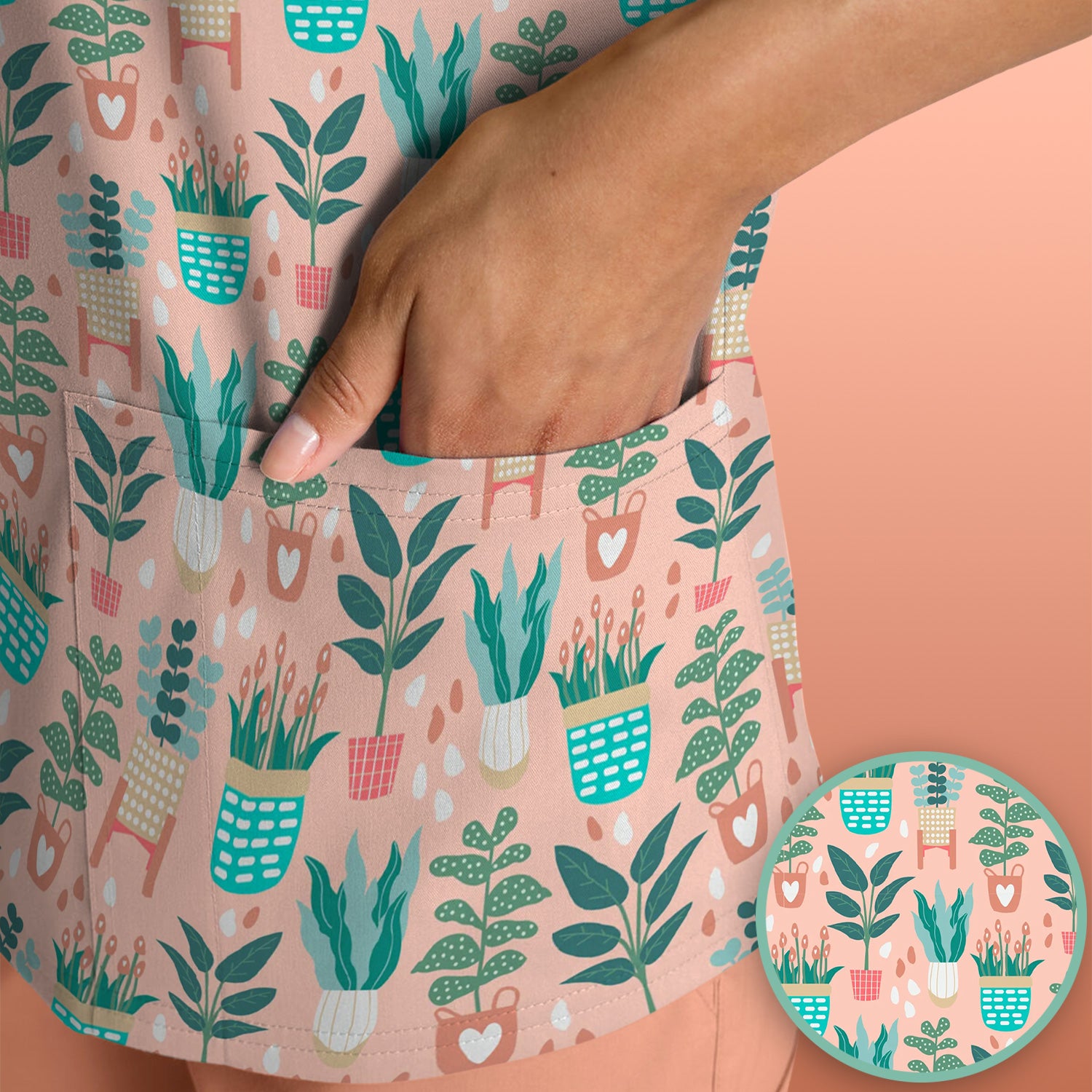 Potted Houseplant Leaves Pattern Scrub Top, Comfortable Scrubs for Nurses
