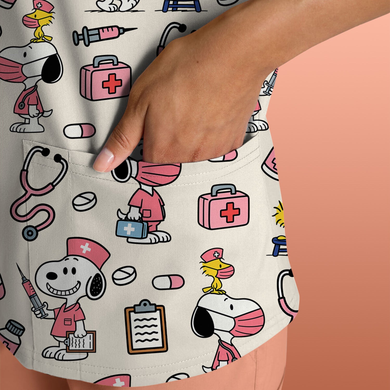 Snoopy Nurse Scrub Top for Women - Custom Medical Scrub Shirt Multi Colors - Cute Cartoon Nursing Work Shirt with Pockets