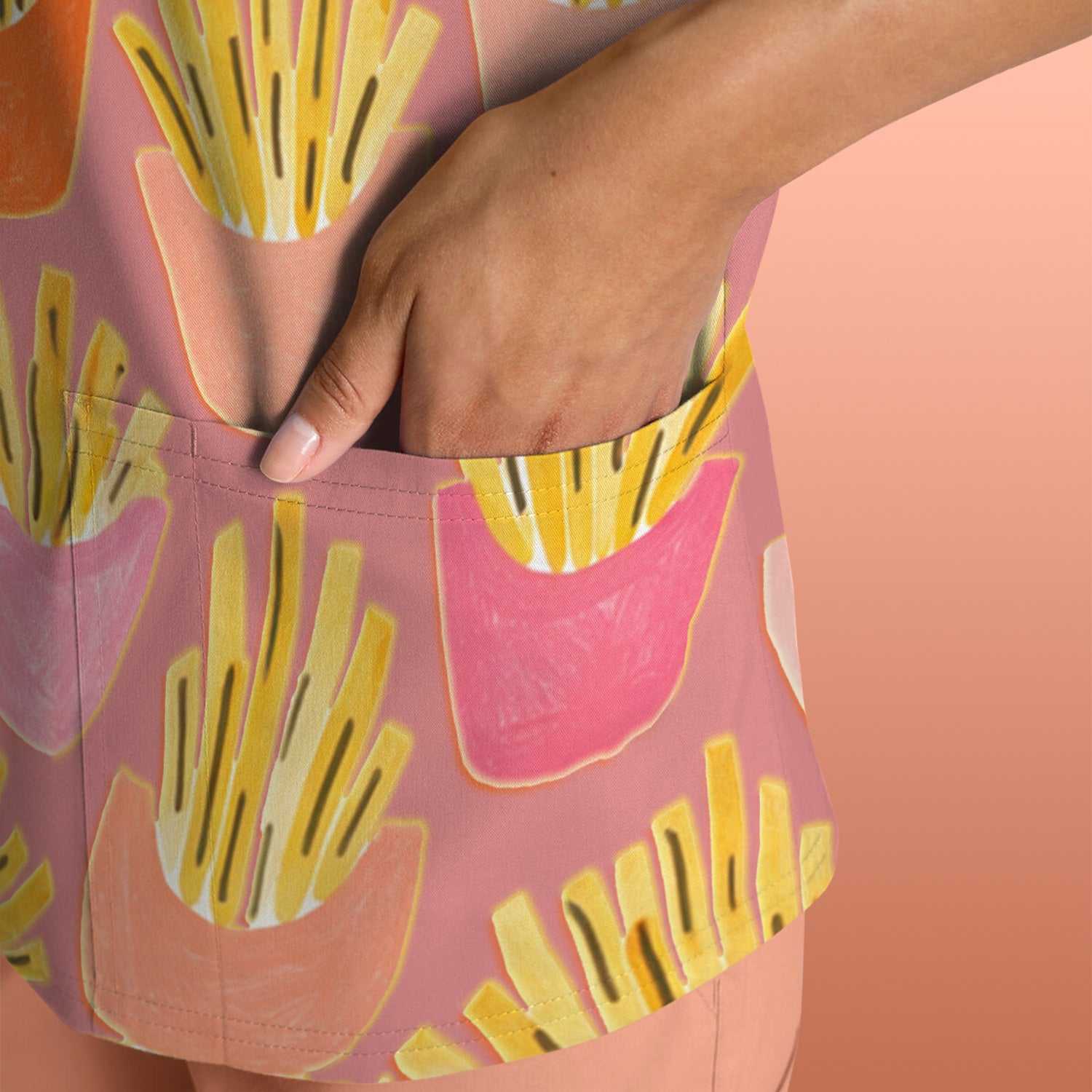 Funny French Fries Snack Food Pattern Scrub Top, Comfortable Scrubs for Nurses