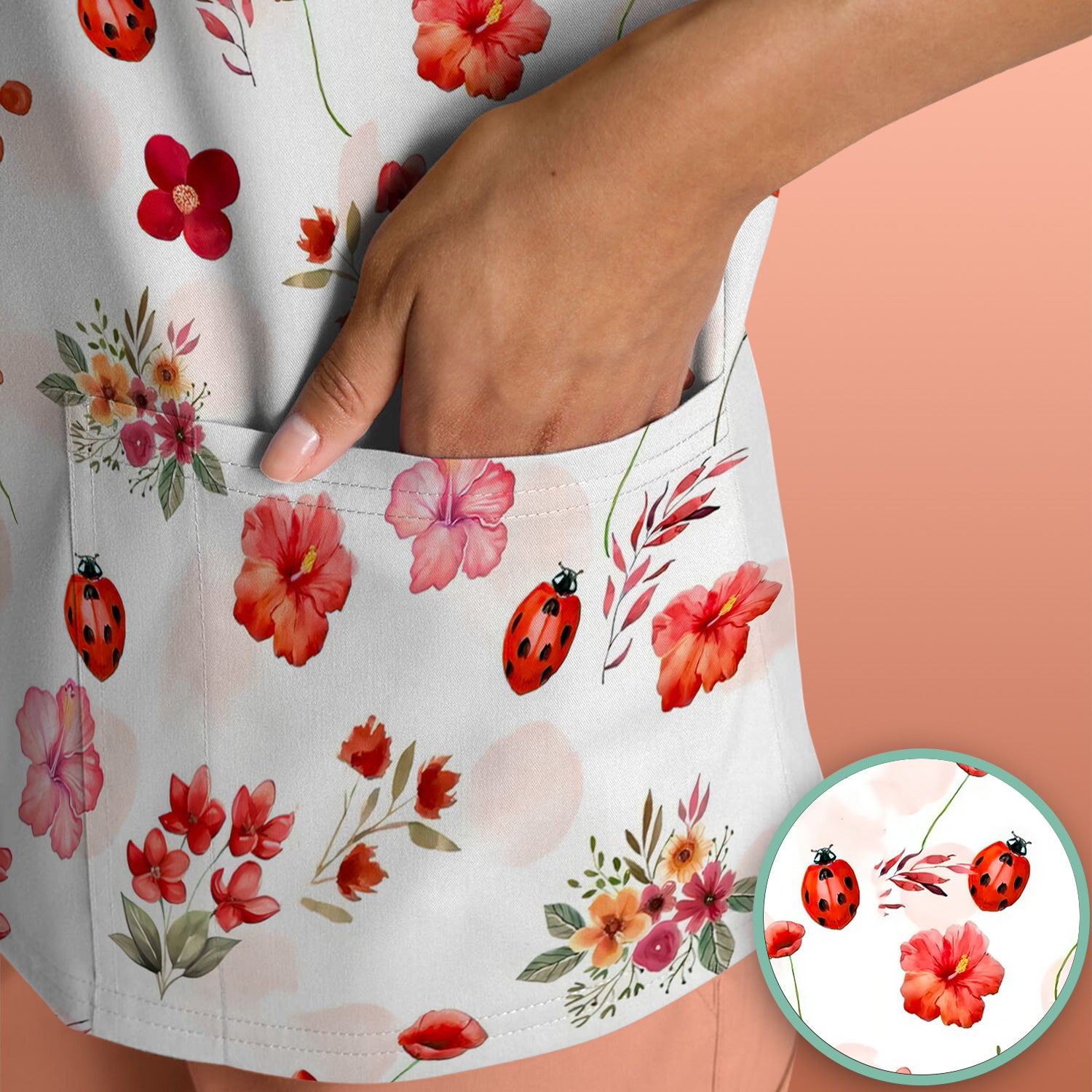 Red Ladybug Floral Garden Pattern Scrub Top, Comfortable Scrubs for Nurses