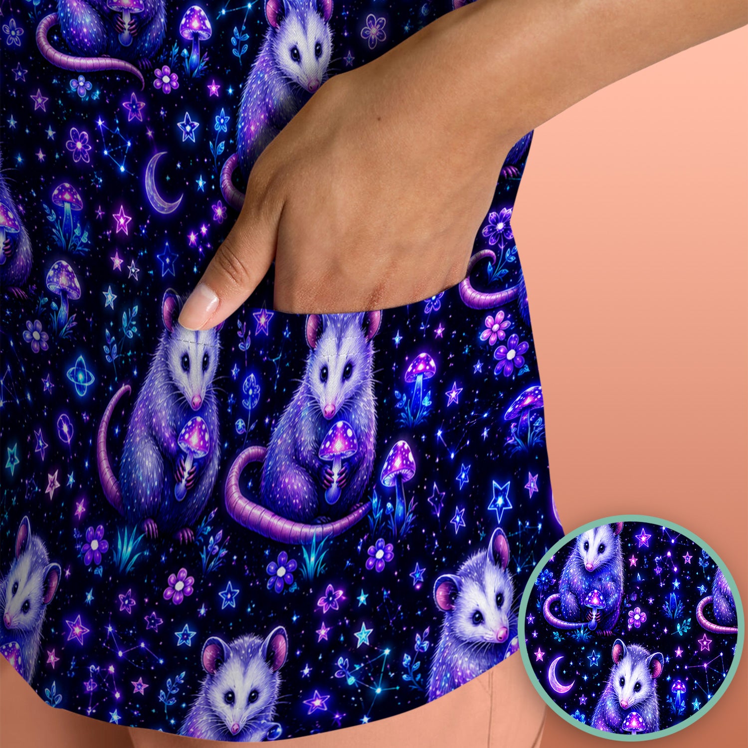 Neon Opossum Mushroom Galaxy Pattern Scrub Top, Comfortable Scrubs for Nurses