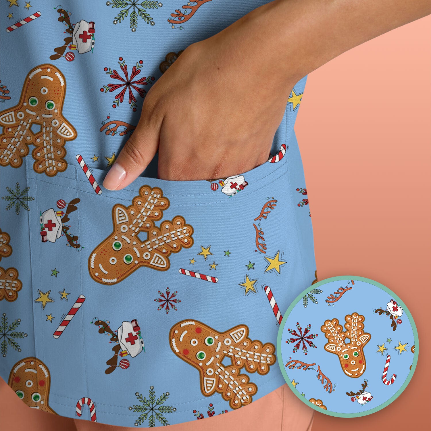 Gingerbread Cookies Reindeer Scrub Top - Funny Christmas Gingerbread Nursing Uniform - Comfortable Scrubs for Nurses