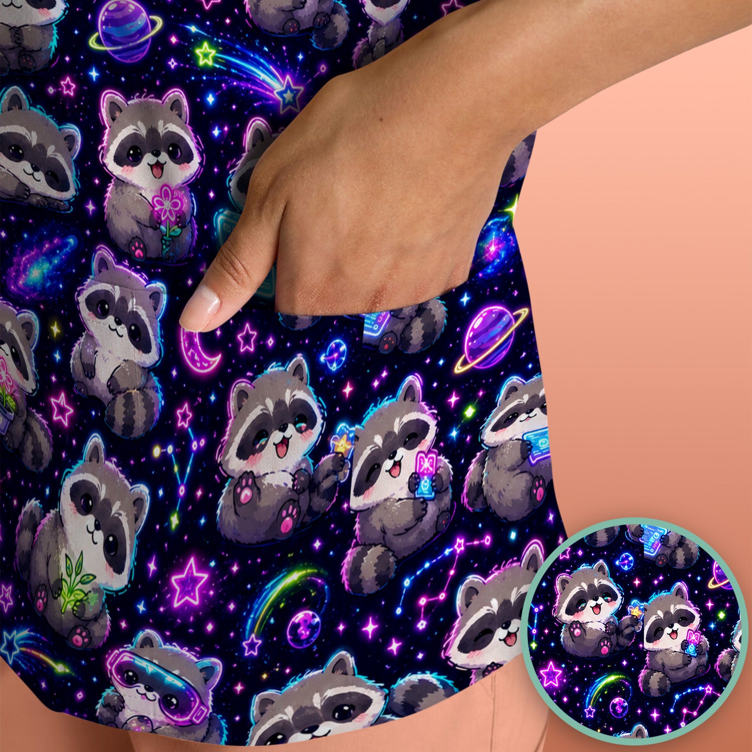 Neon Galaxy Raccoon Space Pattern Scrub Top, Comfortable Scrubs for Nurses