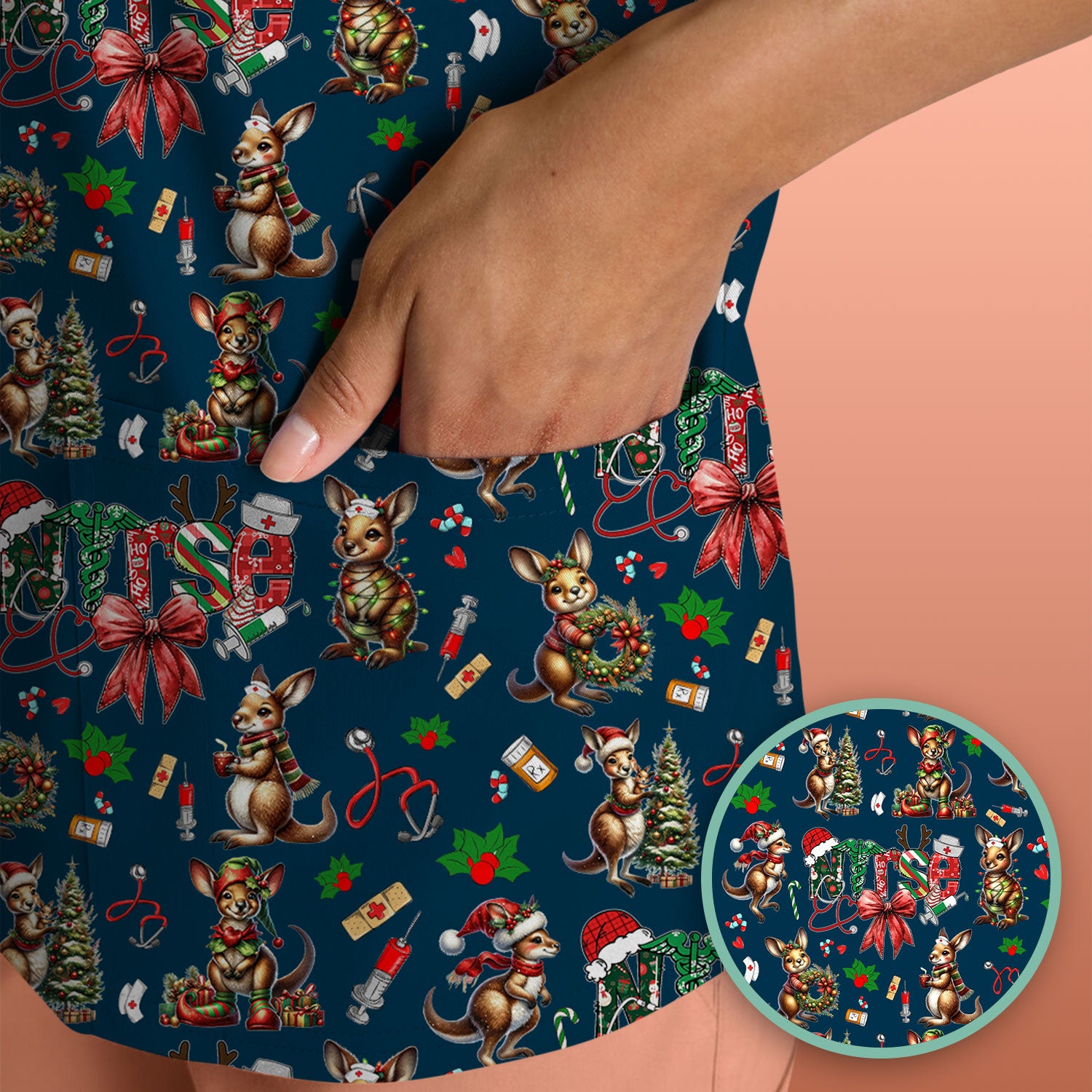 Whimsical Kangaroo Christmas Scrub Top – Festive Australian Animals Holiday Pattern – Cute Medical Uniform for Nurses, Vets & Healthcare Workers