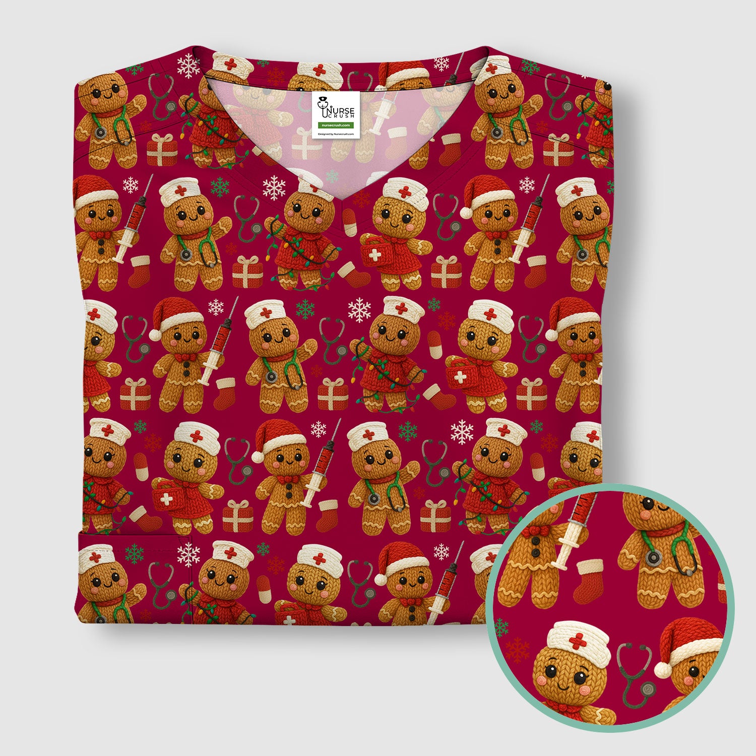 Christmas Scrub Tops for Women - Cute Gingerbread Nurse Pattern Medical Scrub Shirt - Festive Holiday Christmas Scrubs with Adorable Design