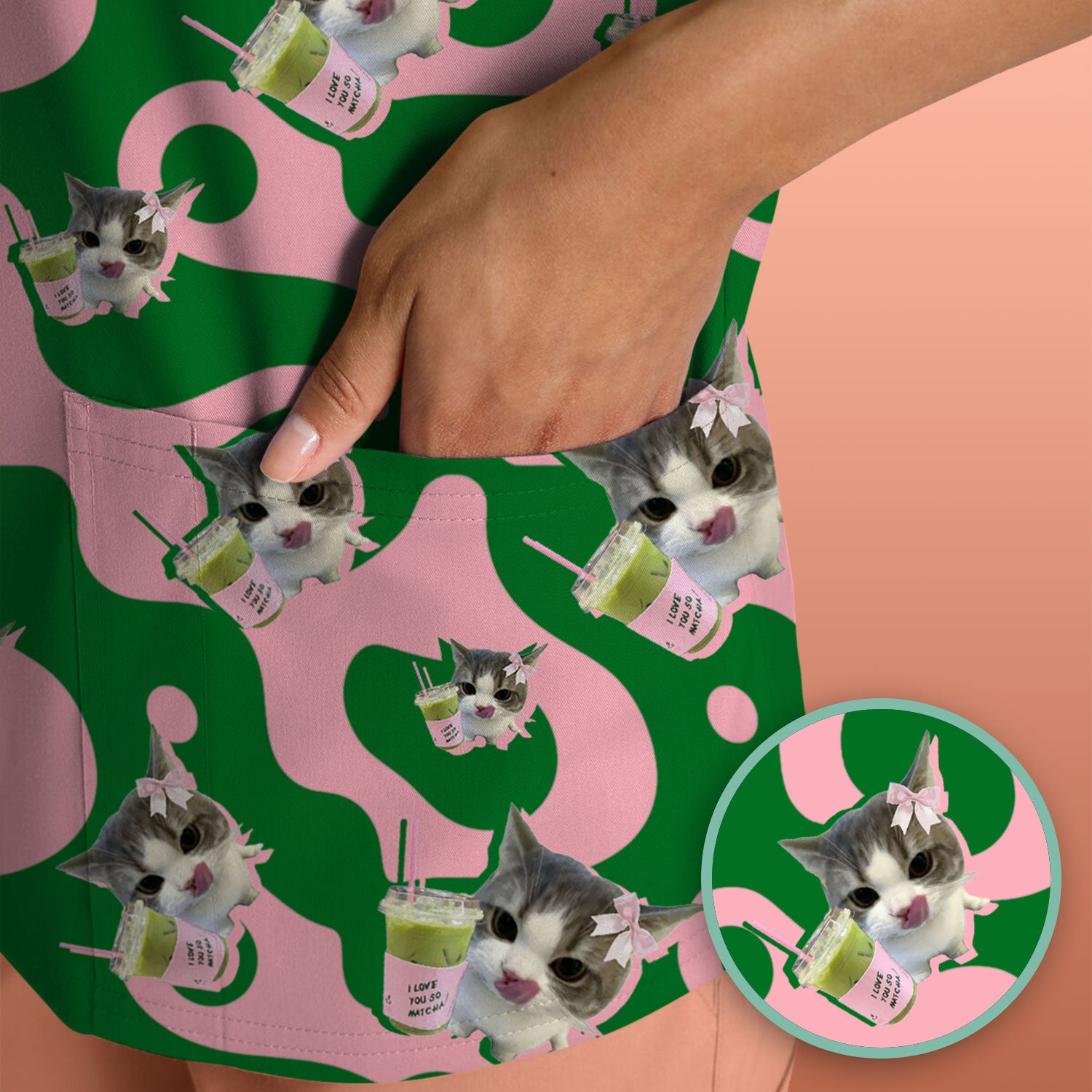 Cute Cat Matcha Nurse Scrub Top, Funny Cat I Love Matcha Medical Shirt,  Breathable Fabrics Nursing Uniform