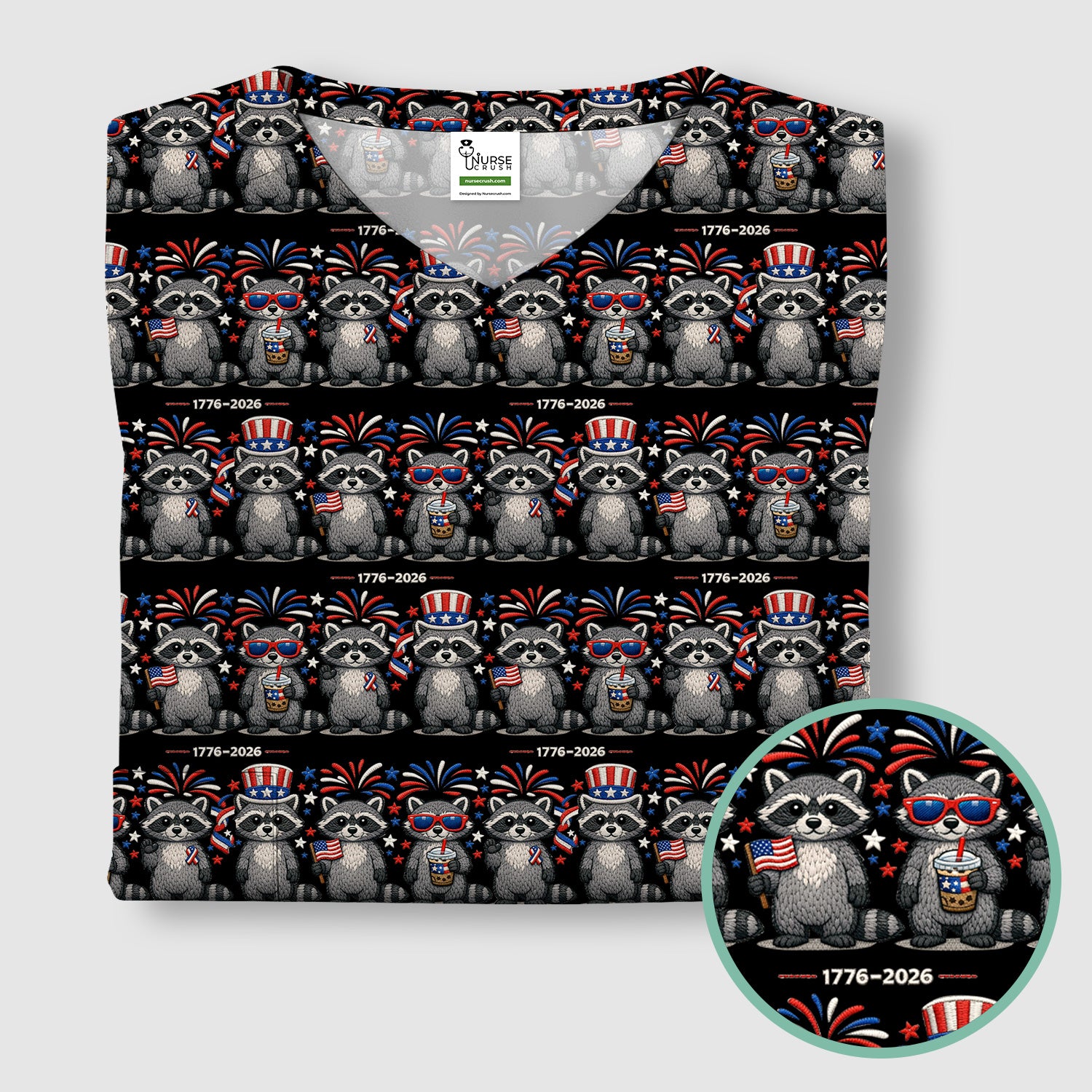 Patriotic Raccoon Fireworks Stripe Pattern Scrub Top, Comfortable Scrubs for Nurses