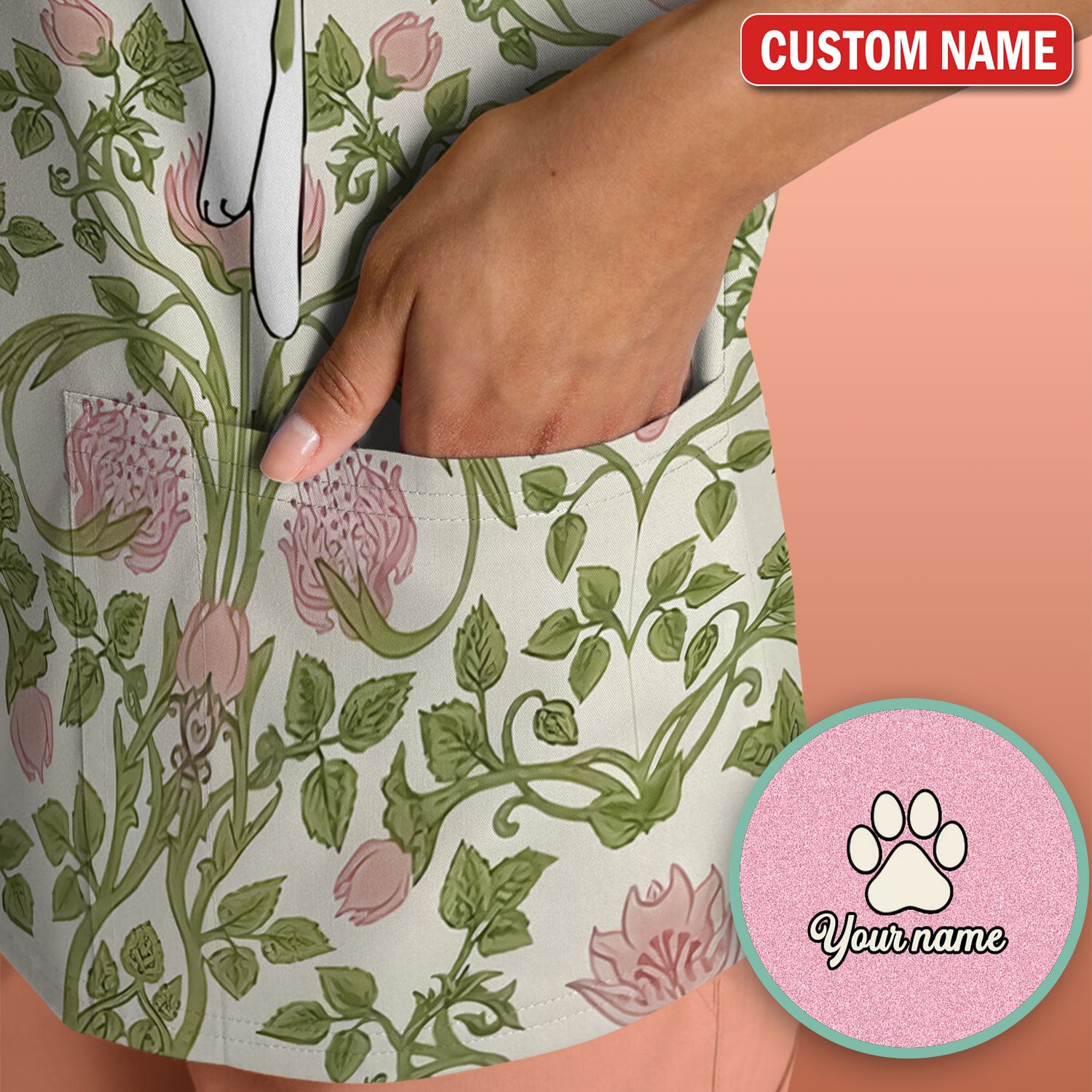 Personalized Cat Nurse Scrub Top, Custom Name Floral Scrub Shirt For Women, Breathable Fabrics Nursing Uniform