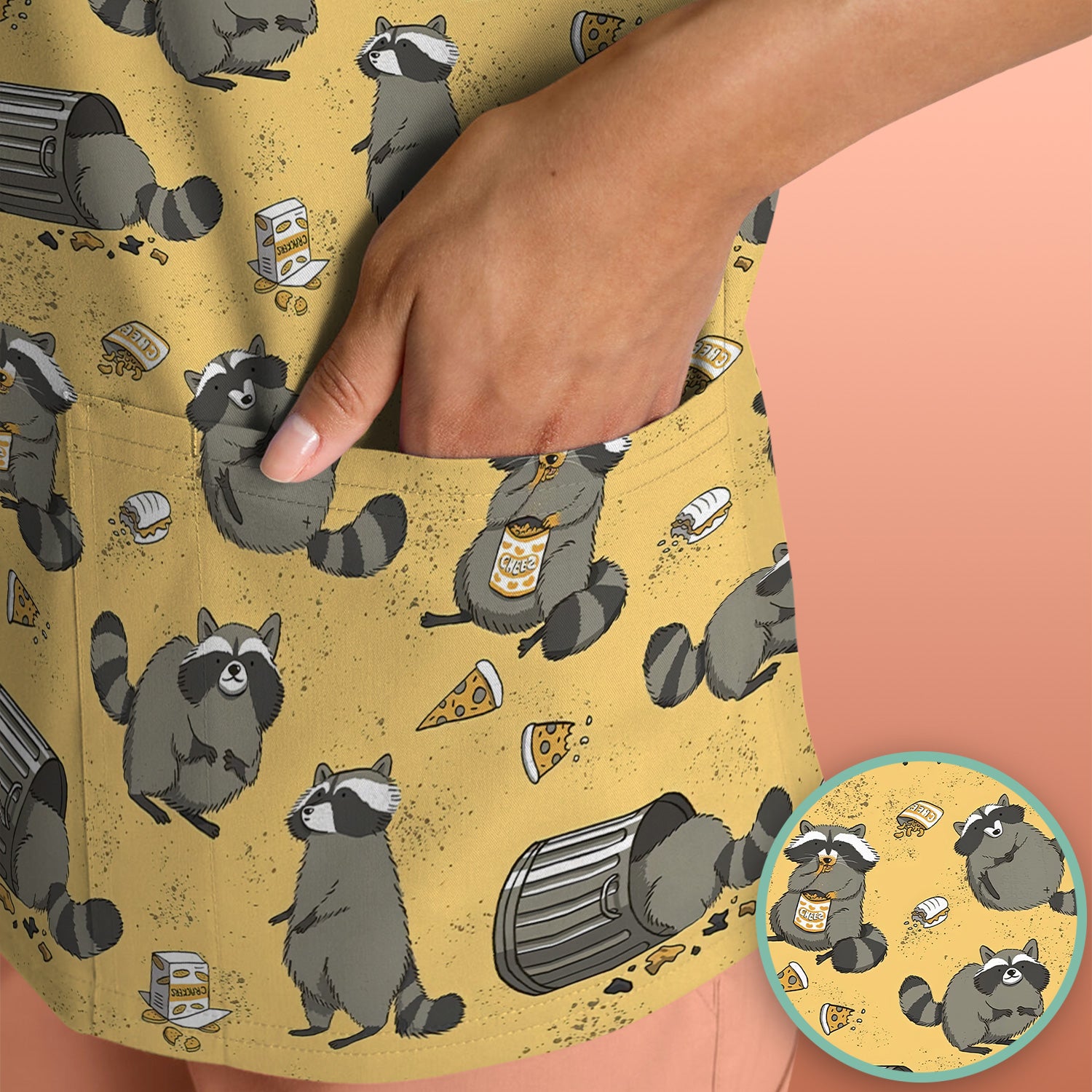 Raccoon Snack And Trash Can Pattern Scrub Top, Breathable Fabrics Nursing Uniform