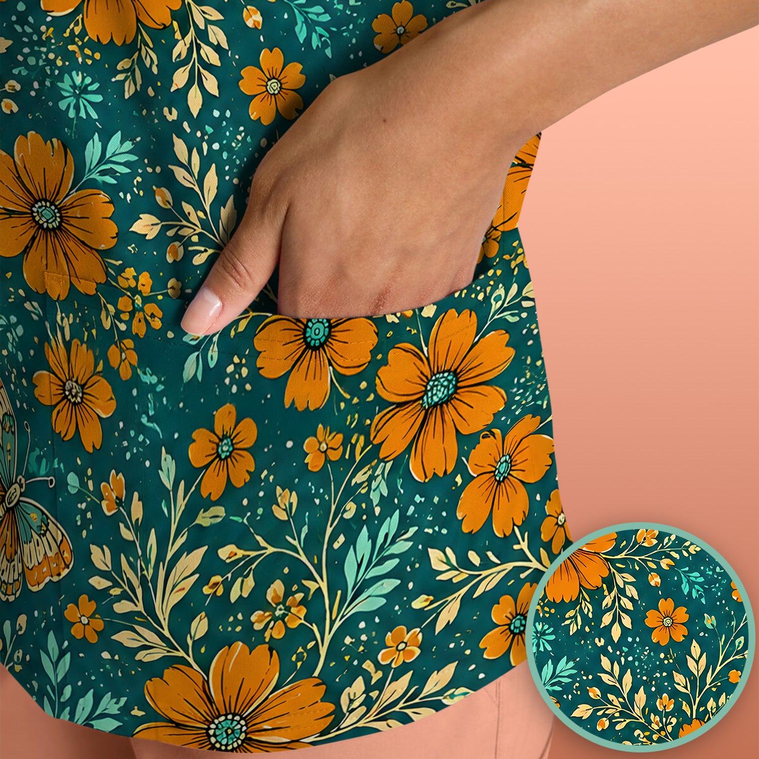 Orange Floral Butterfly Vine Pattern Scrub Top, Comfortable Scrubs for Nurses