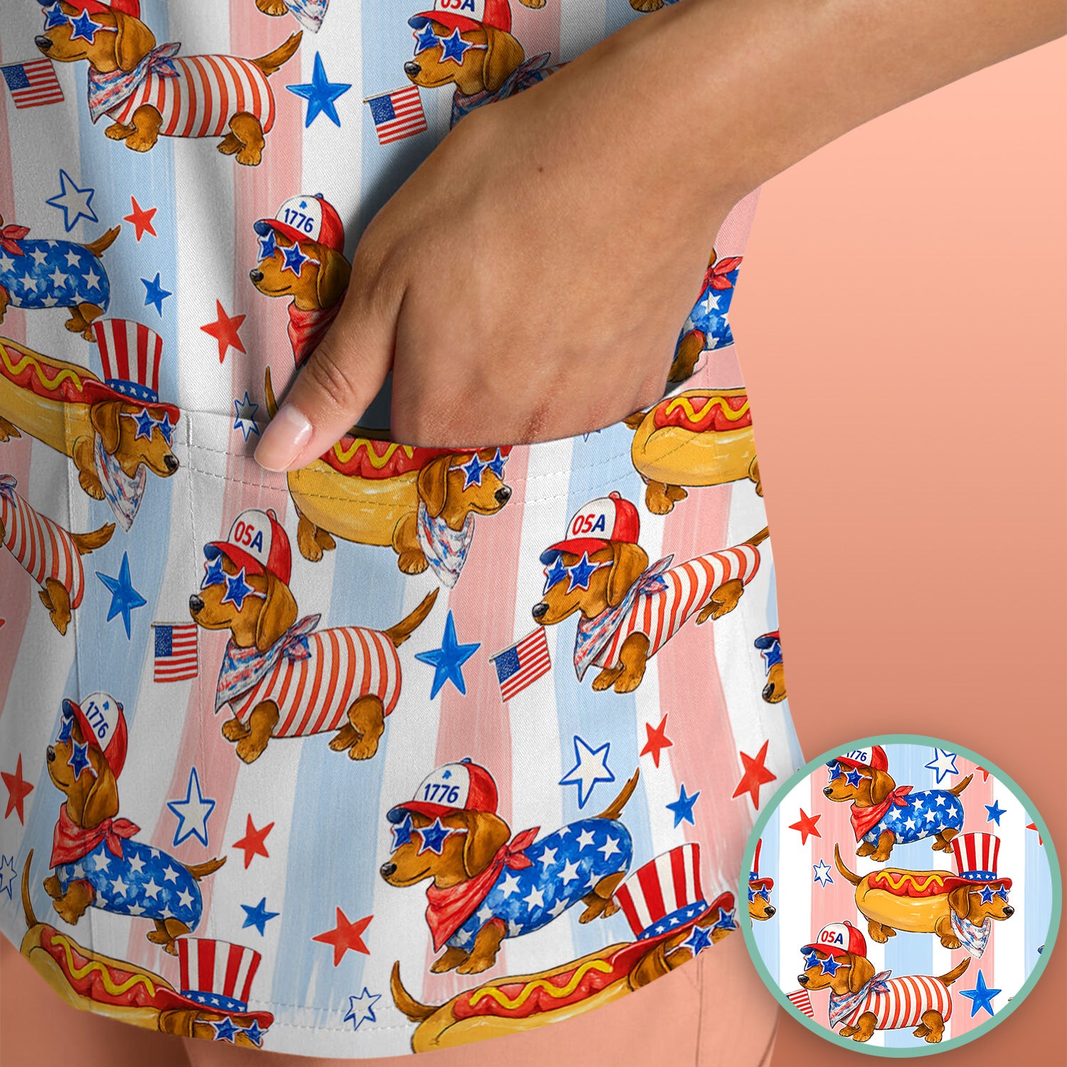 Fourth Of July Dachshund Pattern Scrub Top, Comfortable Scrubs for Nurses