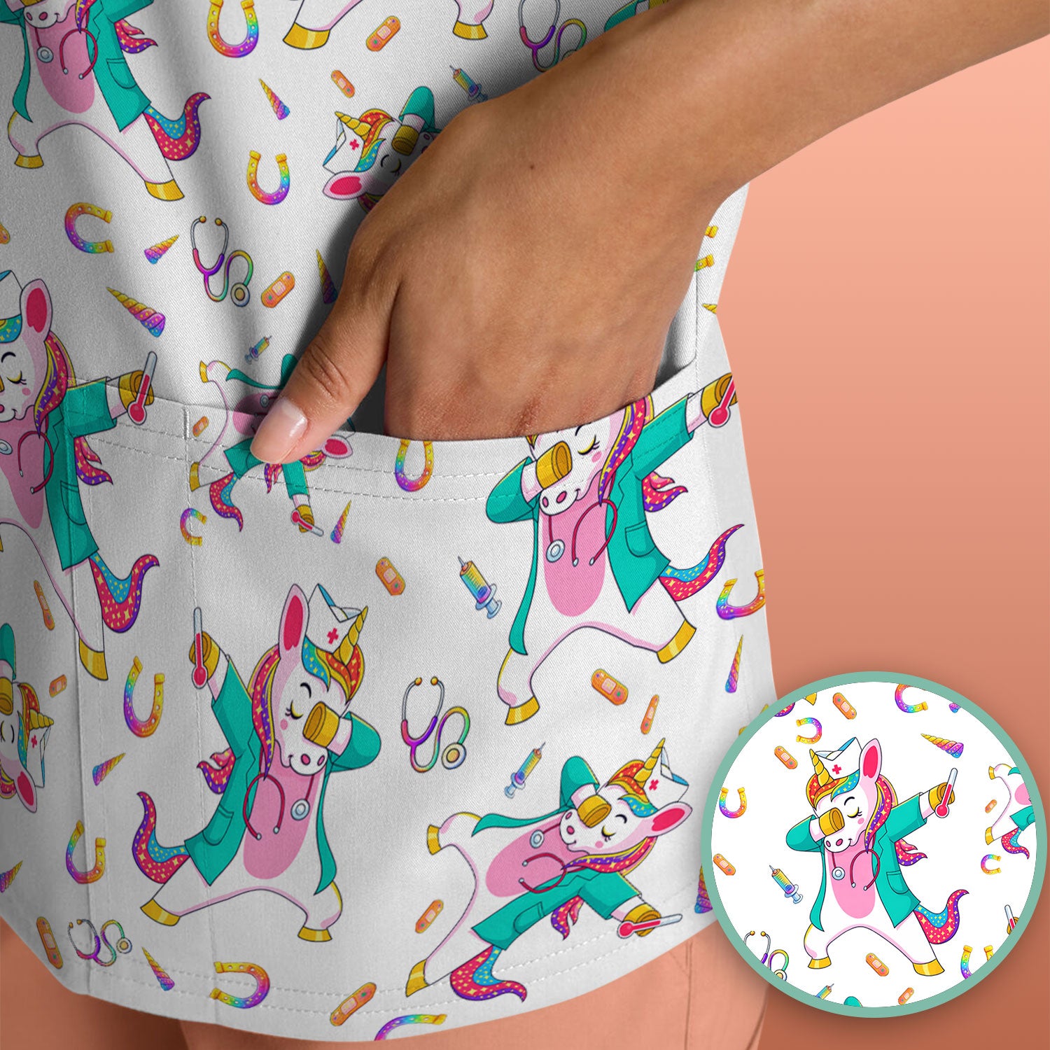 Cute Unicorn Nurse Dance Pattern Scrub Top, Breathable Fabrics Nursing Uniform