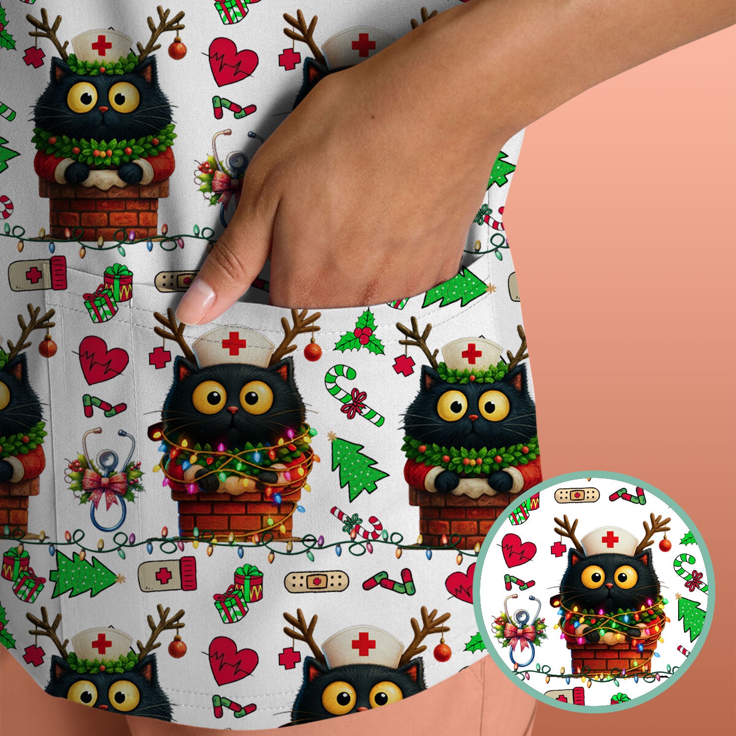 Christmas Black Cat Scrub Top for Nurse - Cute Reindeer Cat with Xmas Lights - Festive Holiday Medical Uniform for Women