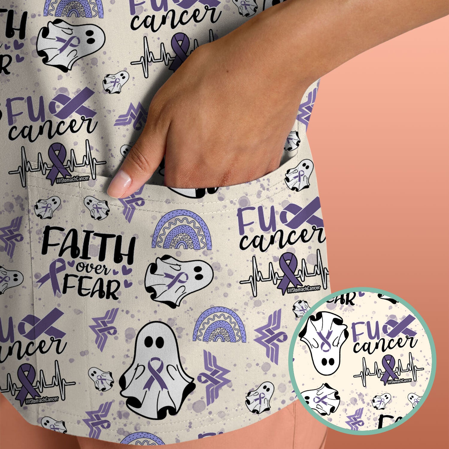 Periwinkle Ribbon Stomach Cancer Scrub Top - Awareness Nurse Shirt - November Warrior Survivor Medical Uniform Gift