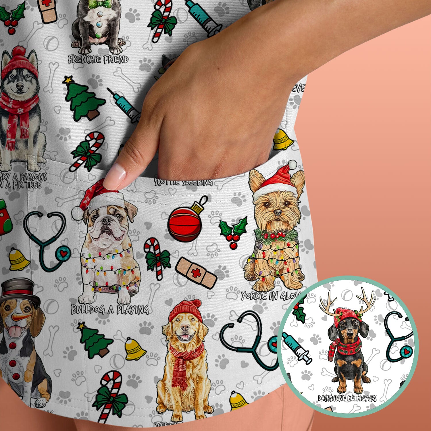 Cute Christmas Dog Scrubs for Nurses - Corgi, Dachshund, Husky, Poodle & Labrador - Funny Holiday Medical Scrub Top for Women