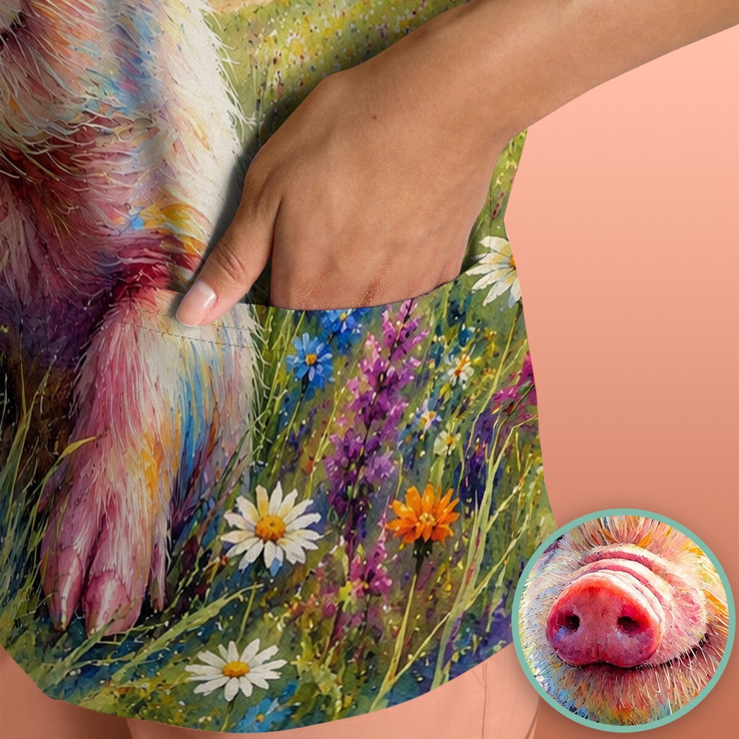 Cute Floral Piglet Pediatric Pattern Scrub Top, Comfortable Scrubs for Nurses