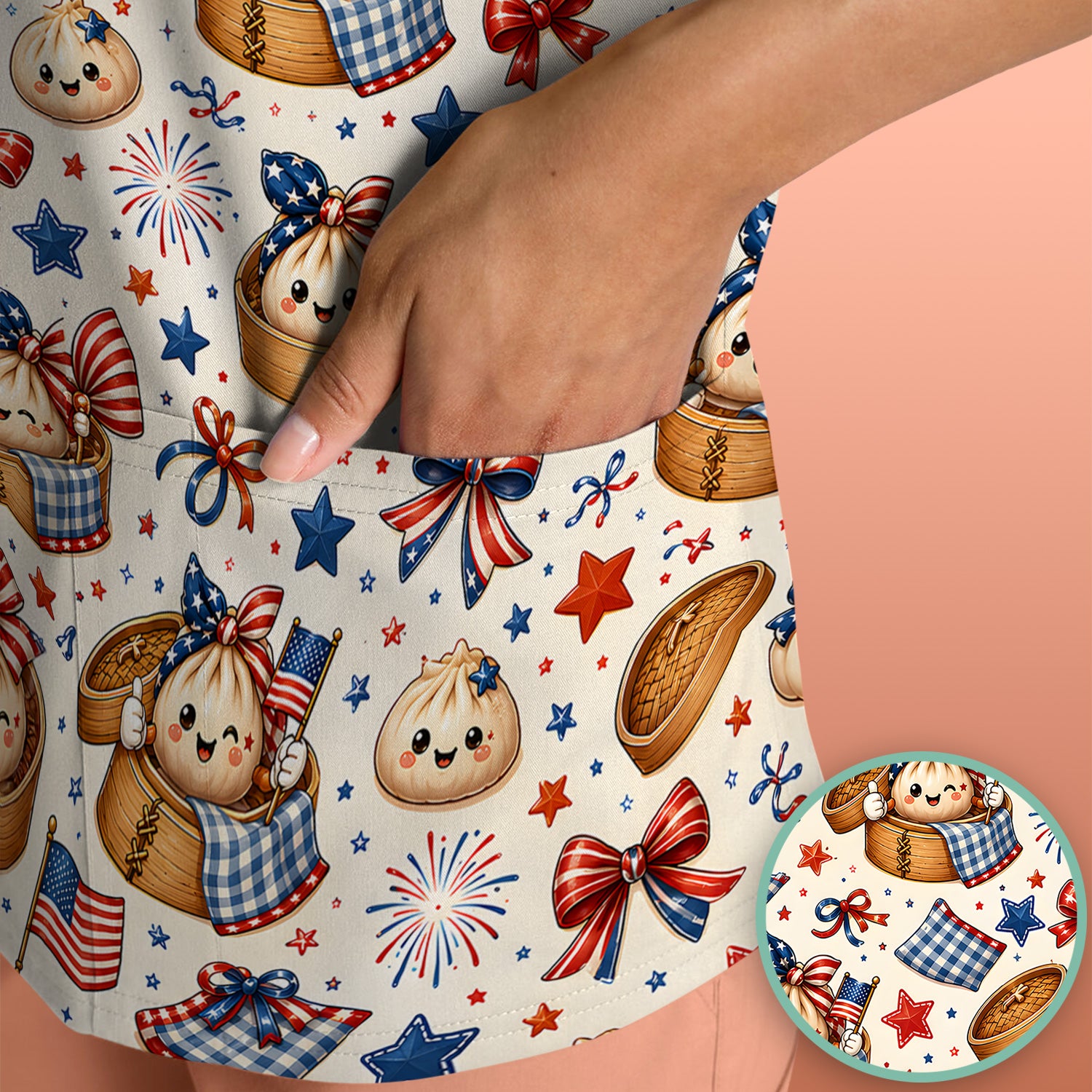 Patriotic Dumpling Nurse Scrub Top for RN, CNA, Pediatric Nurses, Fourth Of July Uniform