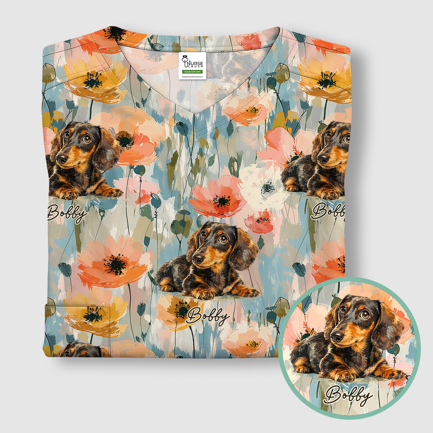 Personalized Dachshund Floral Portrait Pattern Scrub Top, Comfortable Scrubs for Nurses