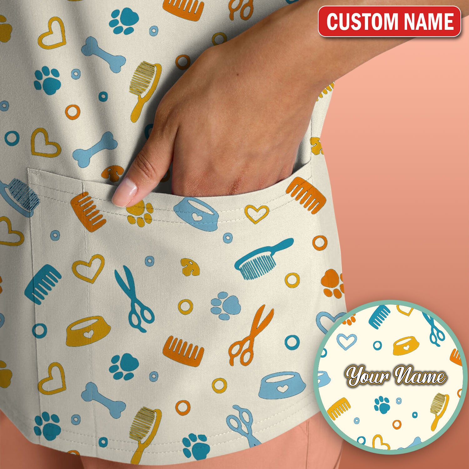 Custom Name Dog Cat Grooming Pattern Scrub Top, Breathable Fabrics Nursing Uniform
