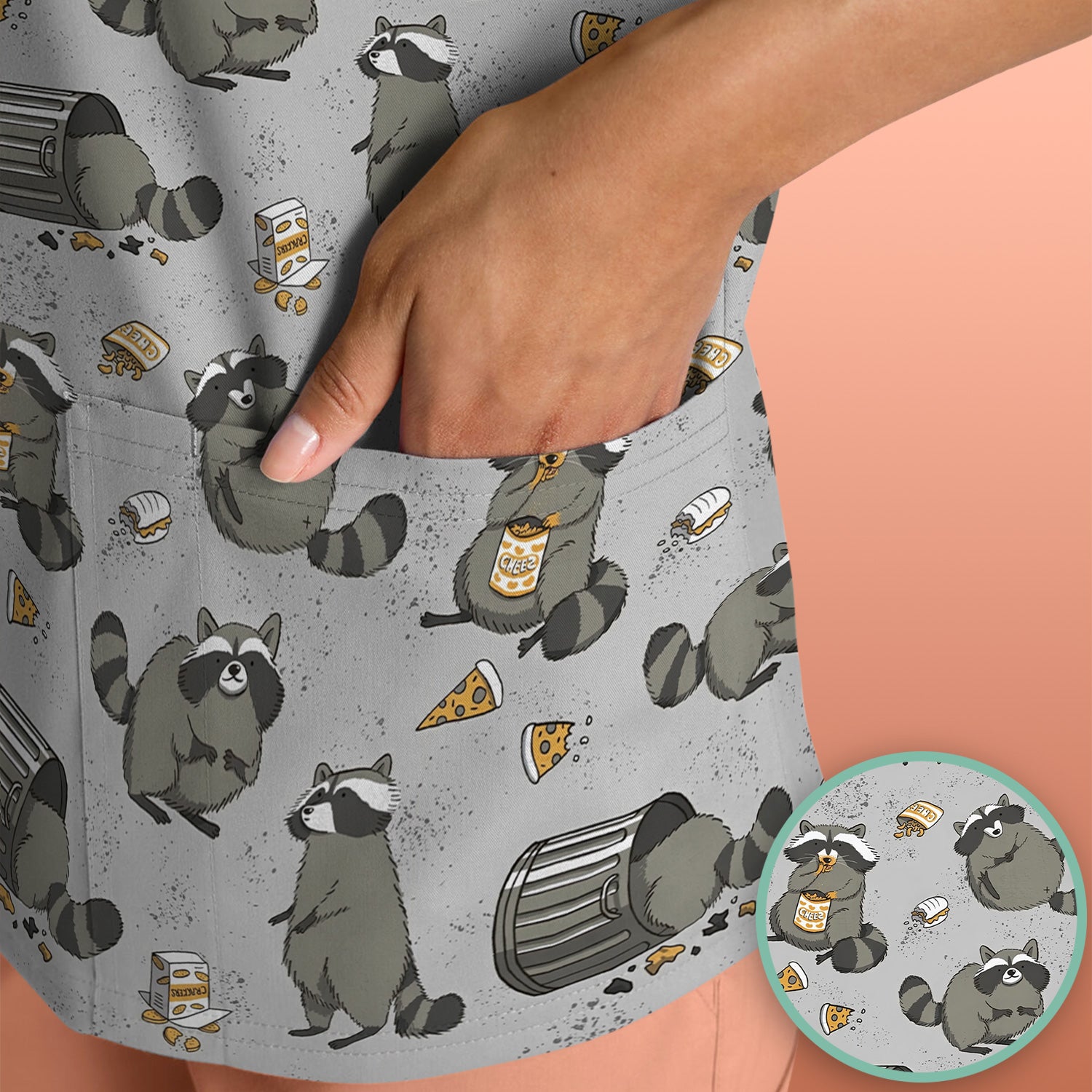 Raccoon Snack And Trash Can Pattern Scrub Top, Breathable Fabrics Nursing Uniform