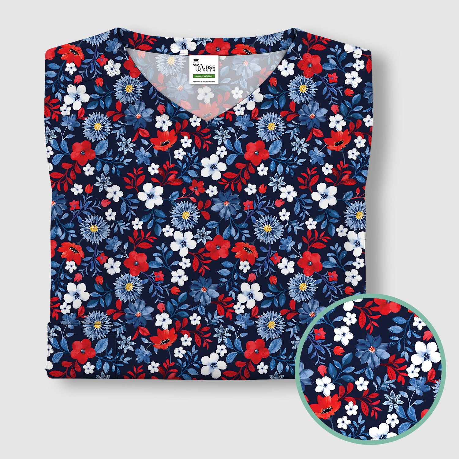 Classic Floral Print V Neck Scrub Top for Nurses, Blue Red Medical Uniform