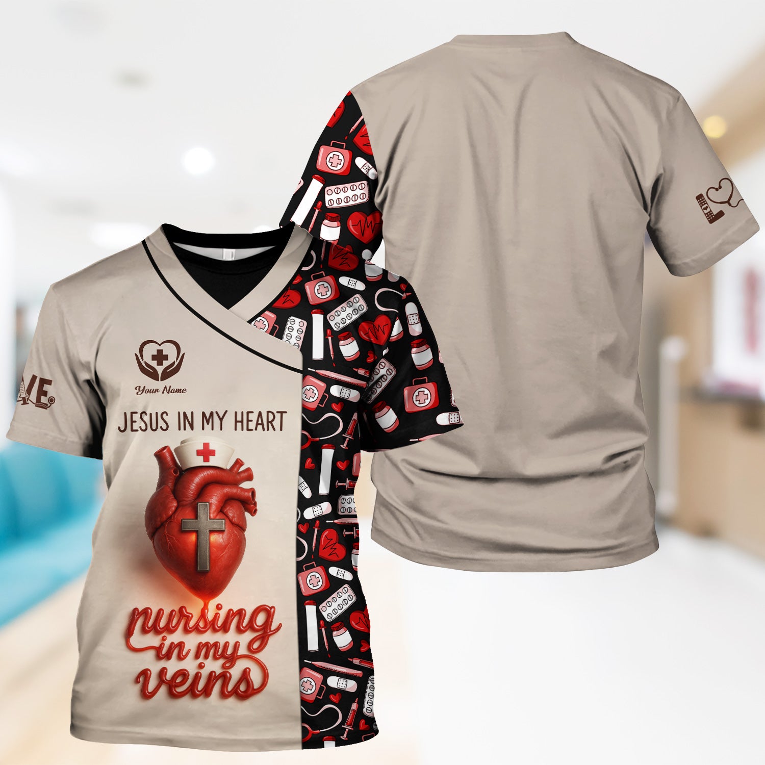 Jesus in My Heart Nurse Scrub Top - Nursing in My Veins Faith Shirt - Christian RN CNA LPN Gift for Women