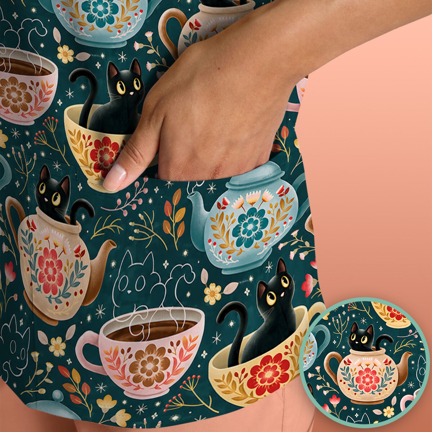 Black Cat Tea Party Veterinary Pattern Scrub Top, Comfortable Scrubs for Nurses