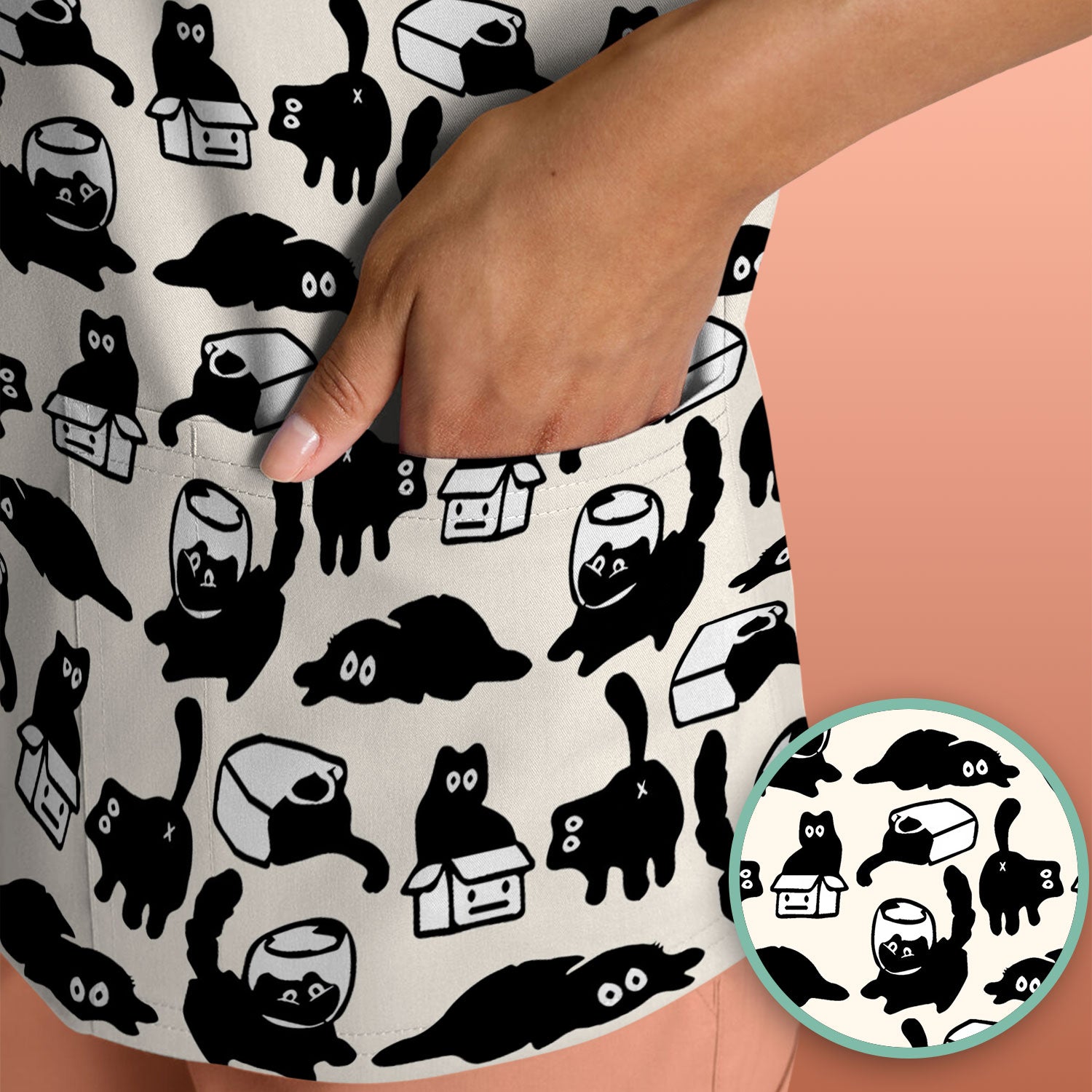 Dark Playful Cat Cartoon Pattern Scrub Top, Comfortable Scrubs for Nurses