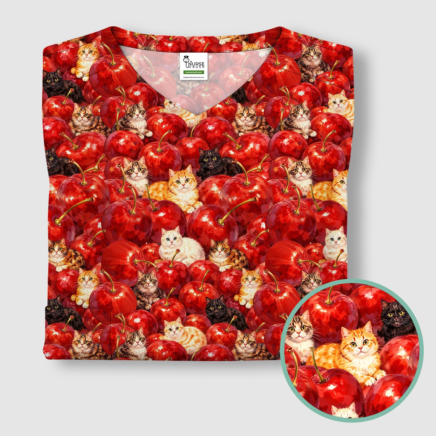 Cute Cat Cherry Pattern Scrub Top,  Comfortable Scrubs for Nurses