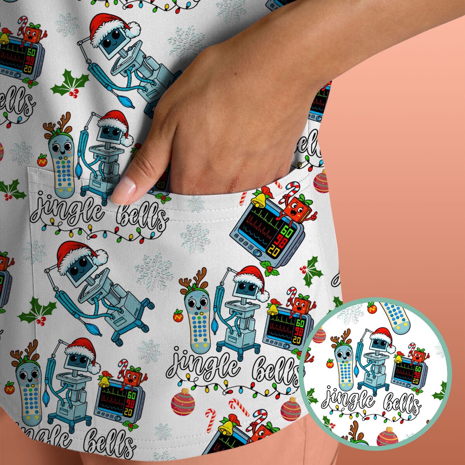 Jingle Bells Christmas Scrub Top - Funny Xmas Scrubs for Nurses - Breathable Fabrics Nursing Uniform for RN CNA LPN