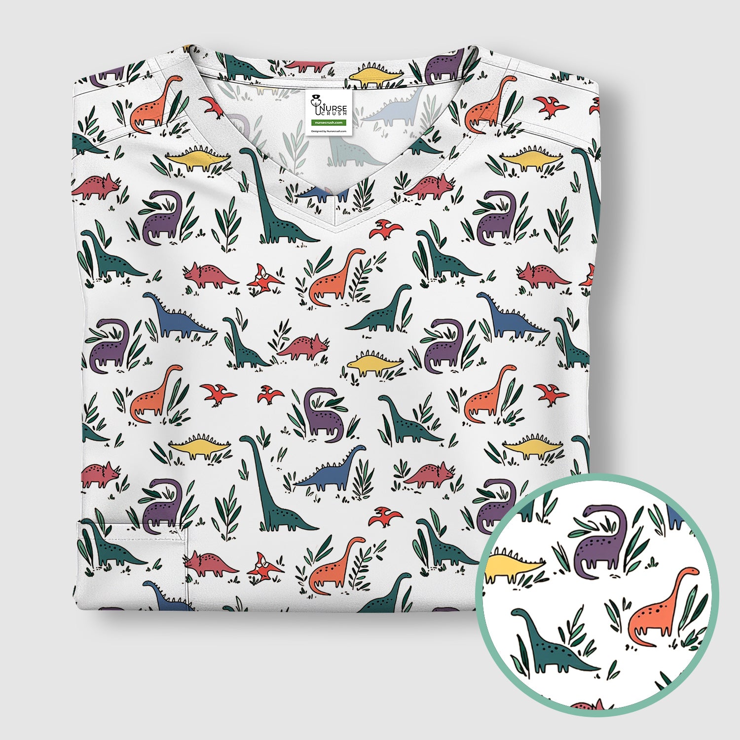 Cute Dinosaur Leafy Garden Pattern Scrub Top, Comfortable Scrubs for Nurses