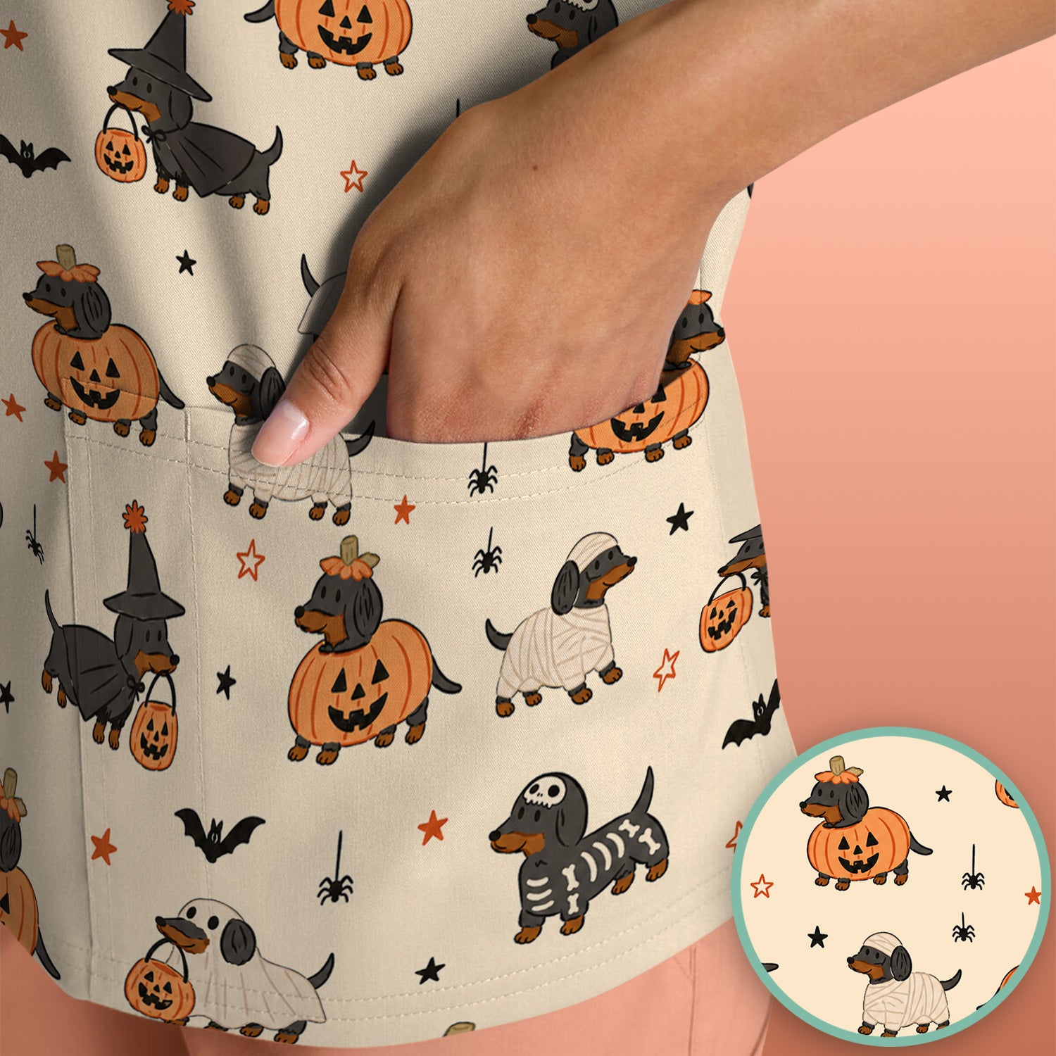 Halloween Dachshund Pattern Scrub Top, Comfortable Scrubs for Nurses
