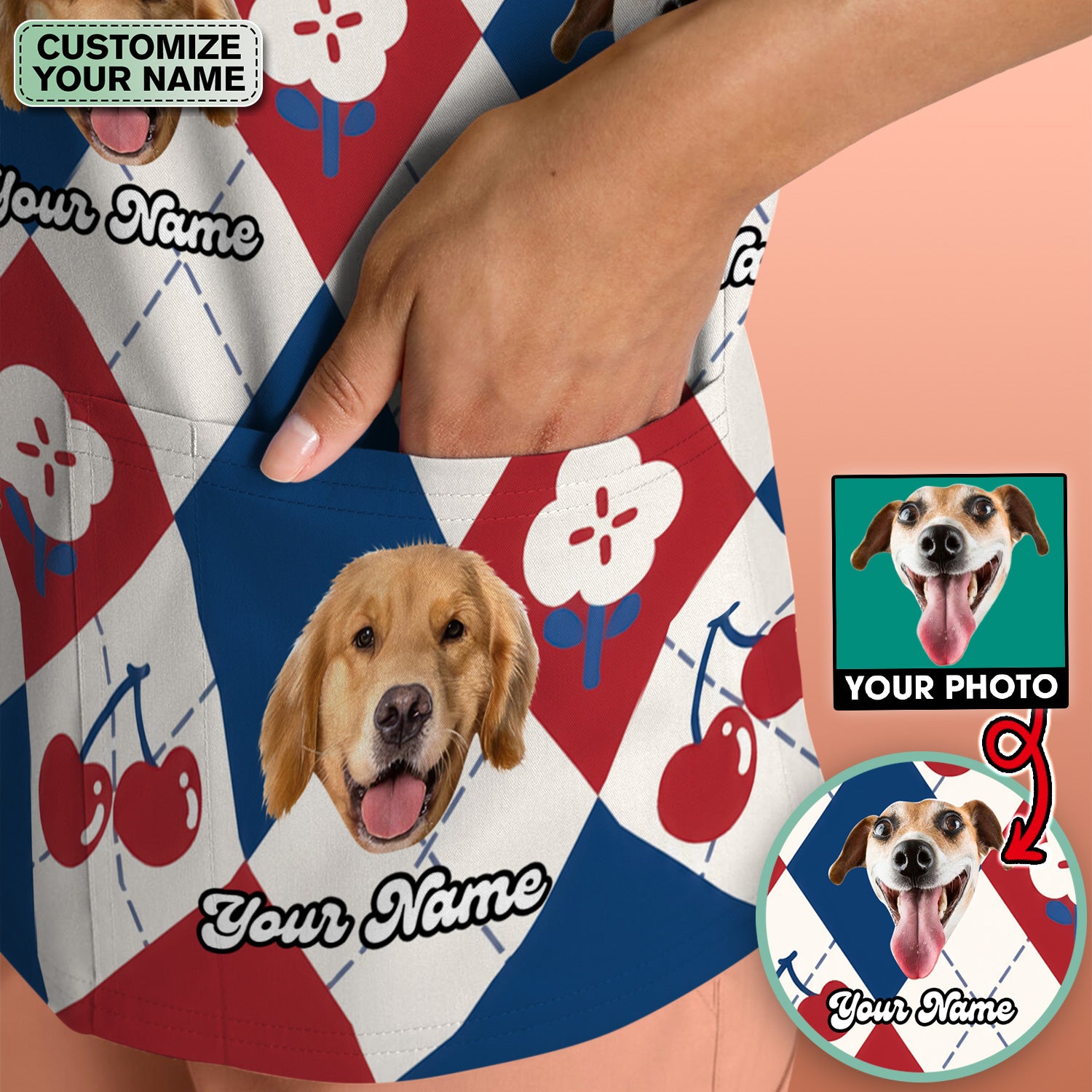 Custom Dog Face Scrub Top, Playful Dog Cherry Argyle Pattern Shirt, Comfortable Scrubs for Nurses