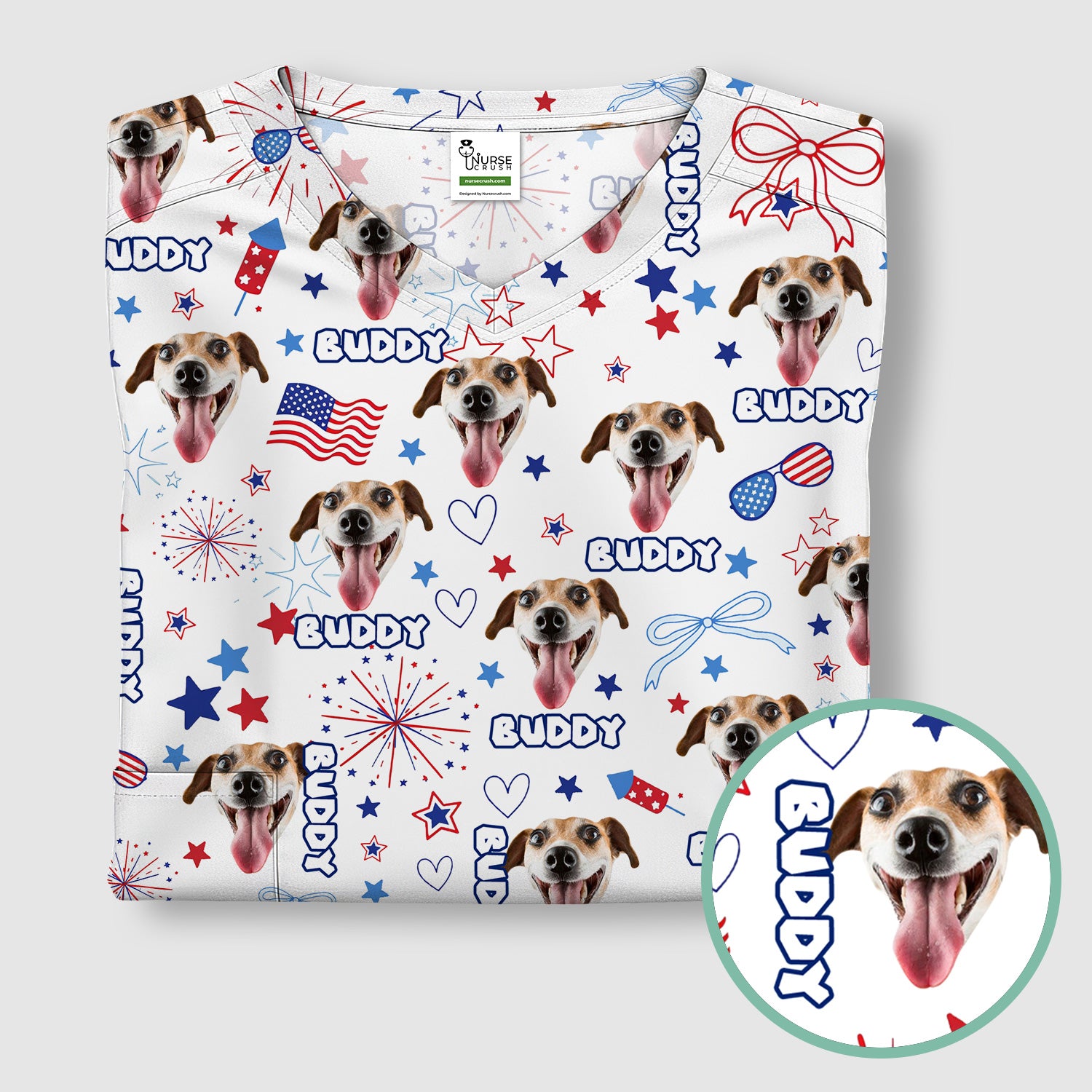 Custom Face Dog Scrub Top, Personalized Patriotic Dog Face Name Pattern Shirt, Breathable Fabrics Nursing Uniform