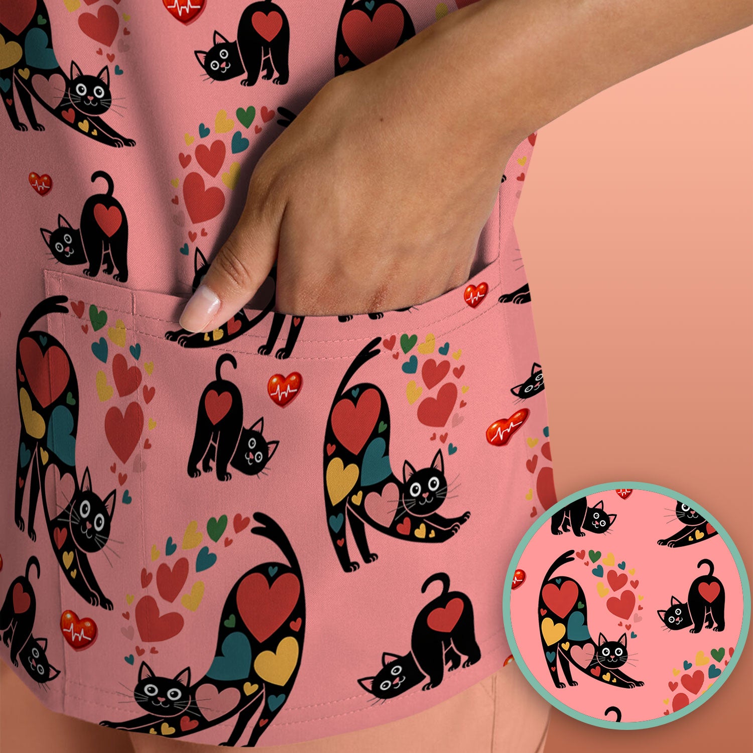 Playful Cat Valentine Heart Print Nurse Scrub Top, Comfortable Scrubs for Nurses